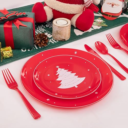 Miniatura 6 de WDF 50 platos de plástico de Navidad, platos de plástico rojo y blanco con árbol de Navidad que incluyen 25 platos llanos, 25 platos de ensalada,