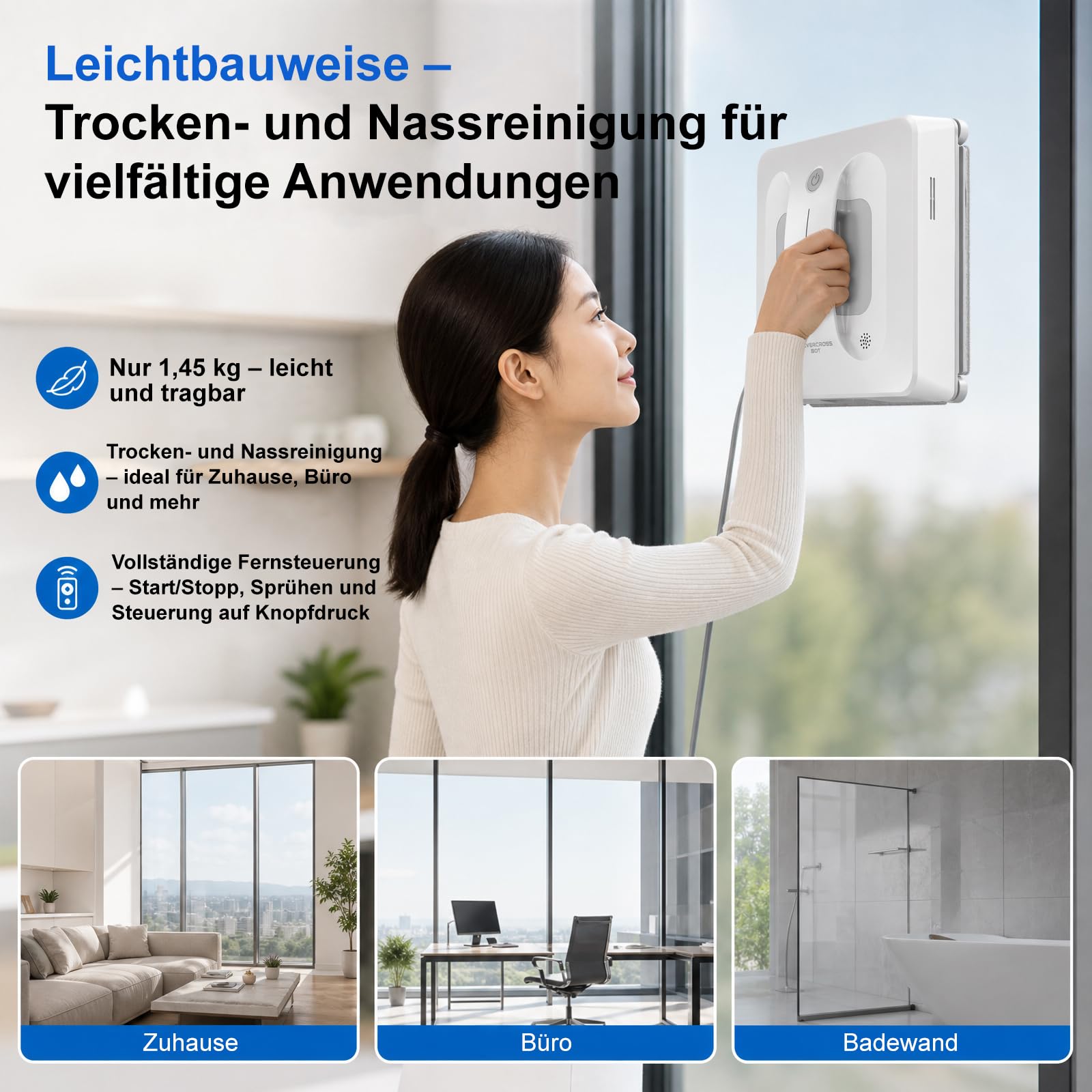 Fensterputzroboter mit 4-Fach Sprühsystem, Automatische Fensterreinigung für rahmenlose & gerahmte Fenster