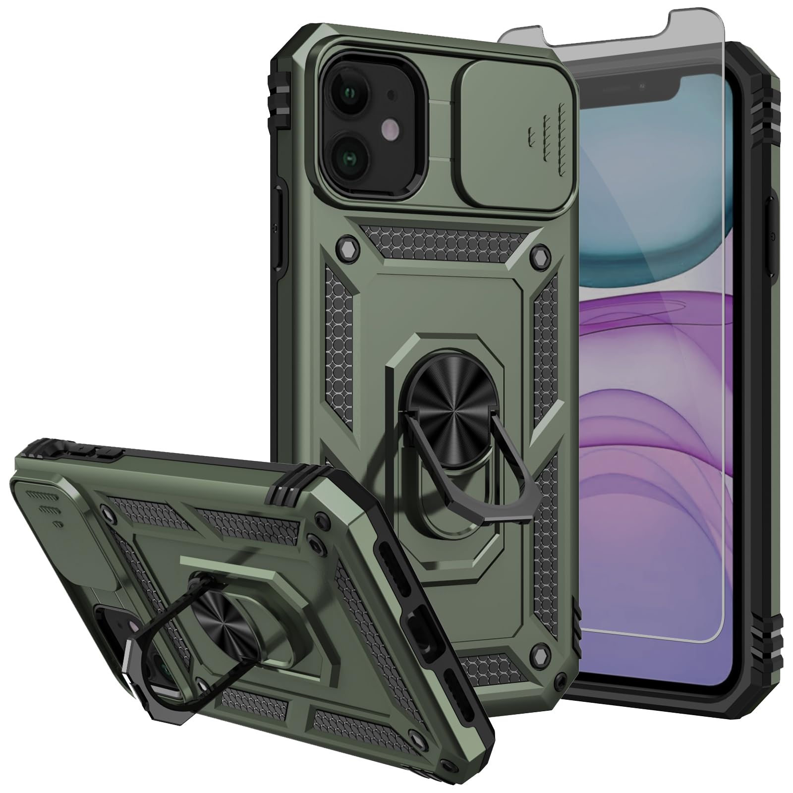 SKTGSLAMY for iPhone 11 Case,with Screen Protectors and Camera Cover,[Military Grade] 16ft.Drop Tested Cover with Magnetic Kickstand Protective Case for iPhone 11 6.1 inch, Olive Green