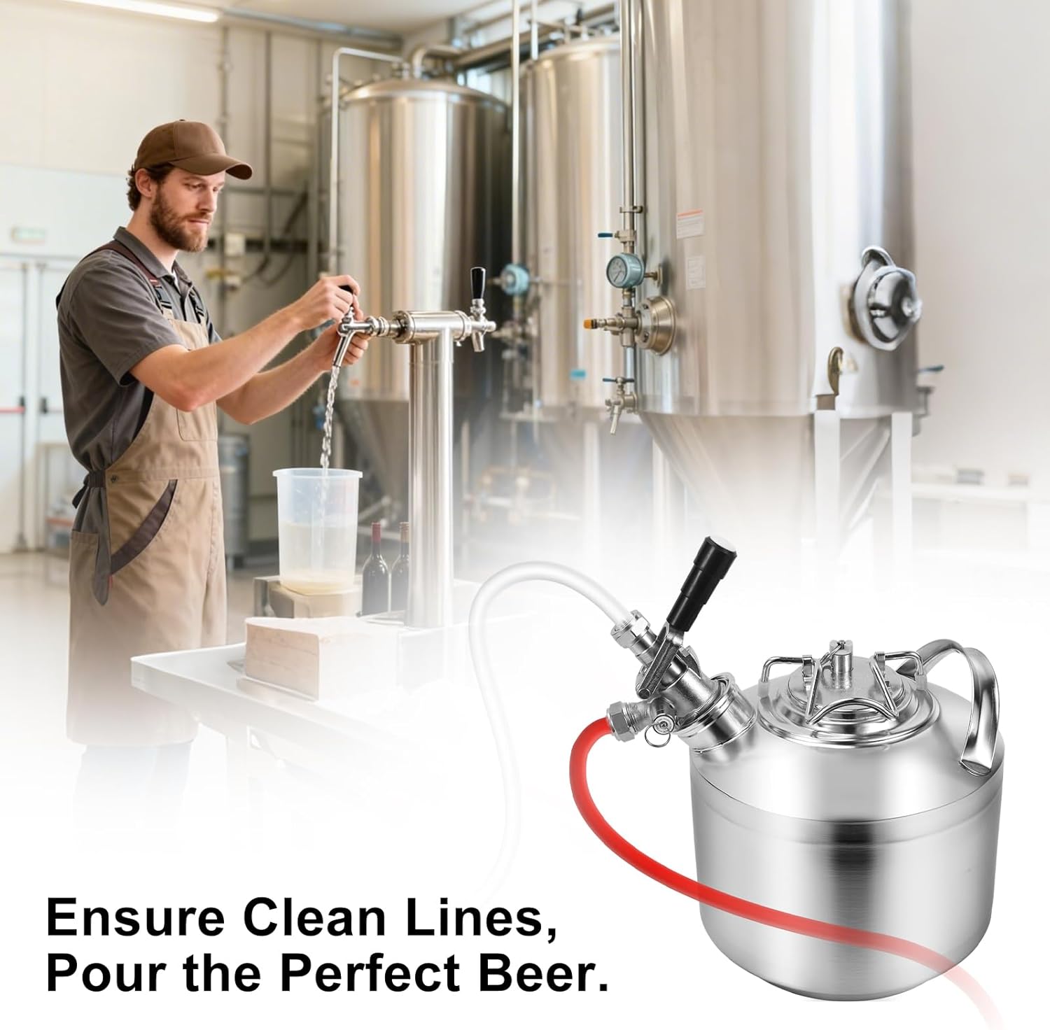 MRbrew 1.6 Gallon/6L Cleaning Keg, All 304 Stainless Steel Beer Line Cleaning Kit with Single D Coupler & Pressure Relief Valve Commercial-Grade Keg Lines Washer for Home & Professional Draft Systems