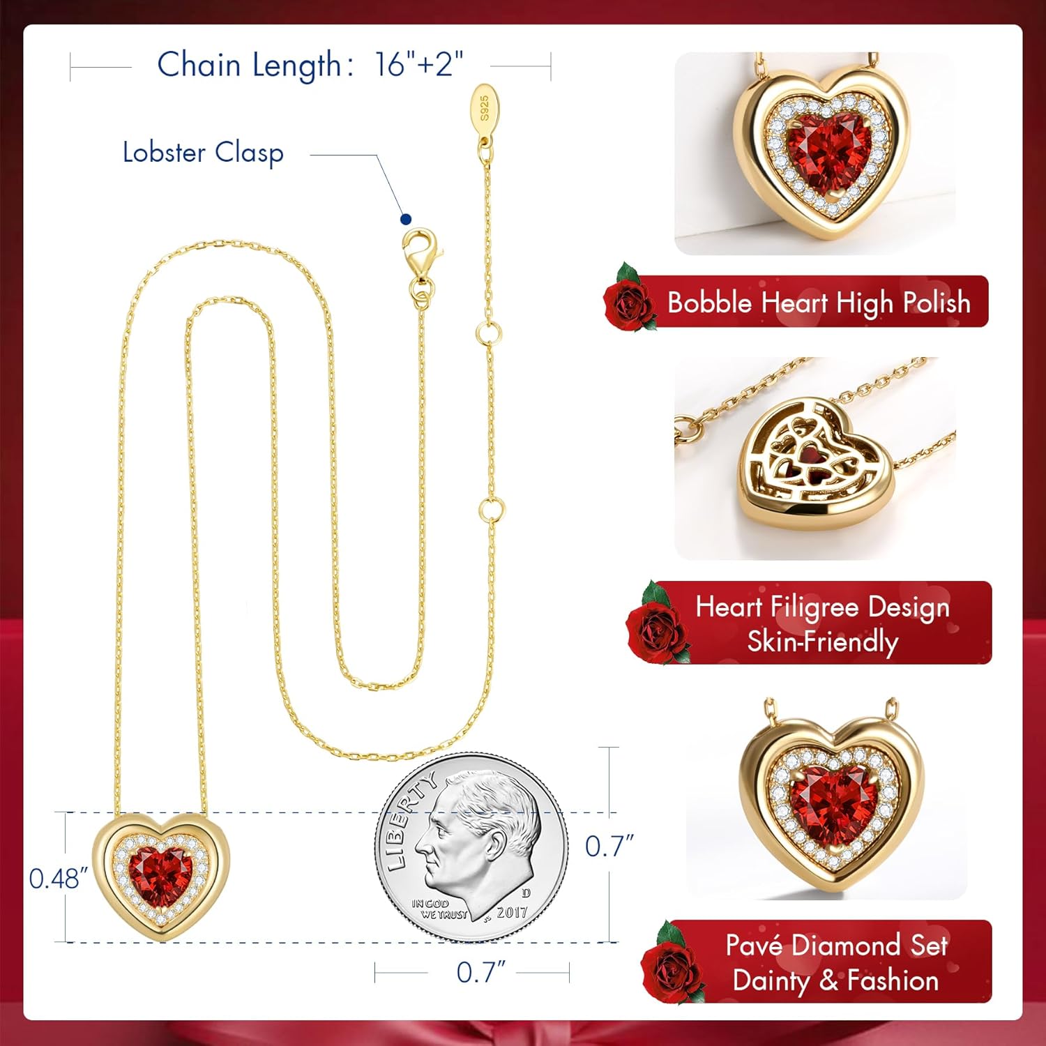 Kstyle Valentine's Day Gifts for Women - 14K Gold Filled 925 Sterling Silver Heart Birthstone Pendant Necklaces, Anniversary Birthday Jewelry Gifts for Wife Daughter Mom Grandma, Non Tarnish 16"+2" - Image 6