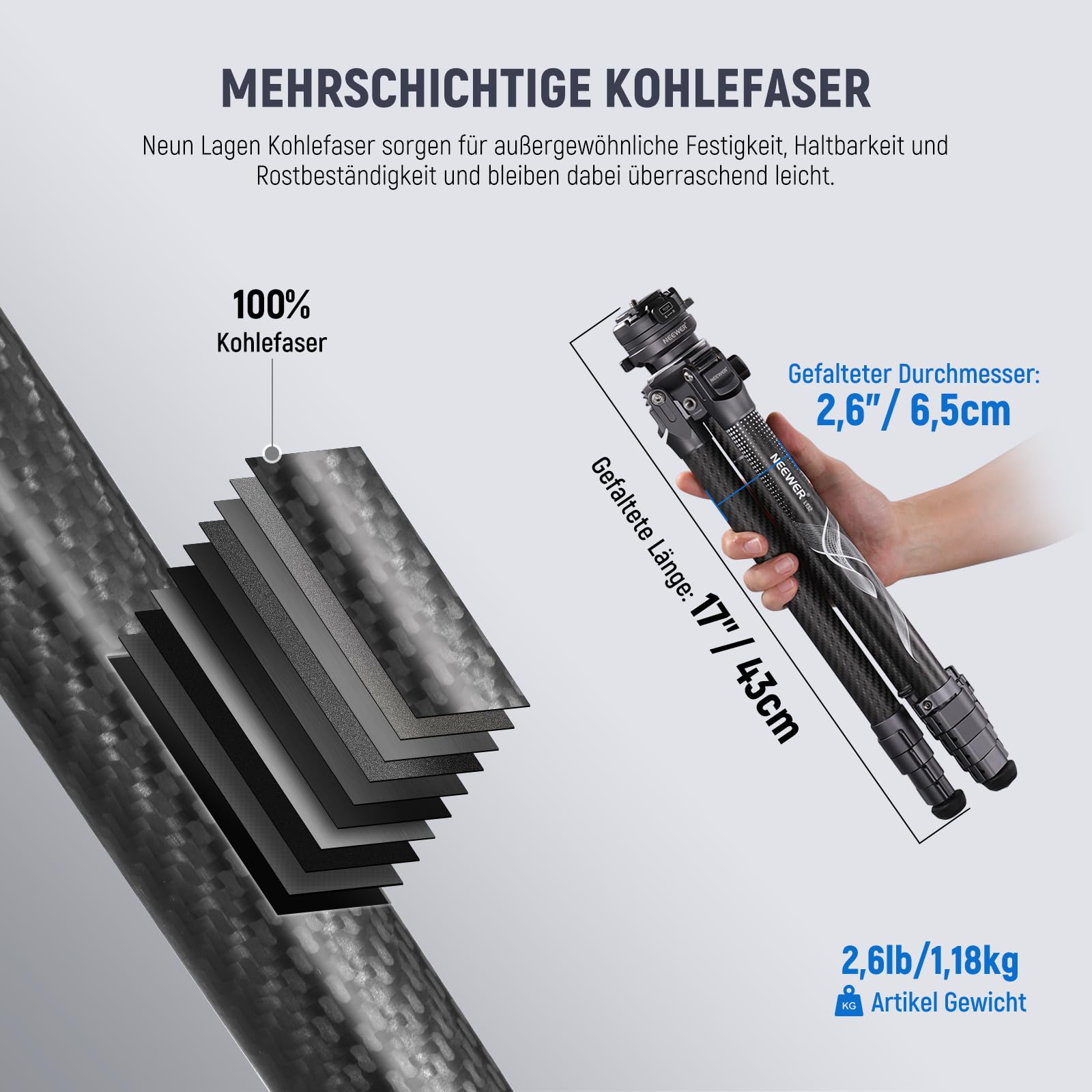 NEEWER LITETRIP LT32 Kamera Reisestativ, tragbarer Ständer aus Carbonfaser, Kugelkopf mit Mittelachse Klappverschluss Reinigungstuch Arca QR Platte kompatibel mit Peak Design Capture V3 (ehemals TP62)