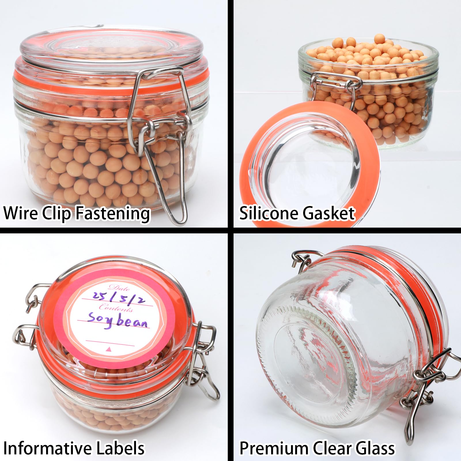 Flrolove Bocaux en verre de 141,7 g avec couvercle hermétique, petites boîtes en verre anti-fuite en caoutchouc pour cuisine, confiture, épices, céréales, haricots, cookies