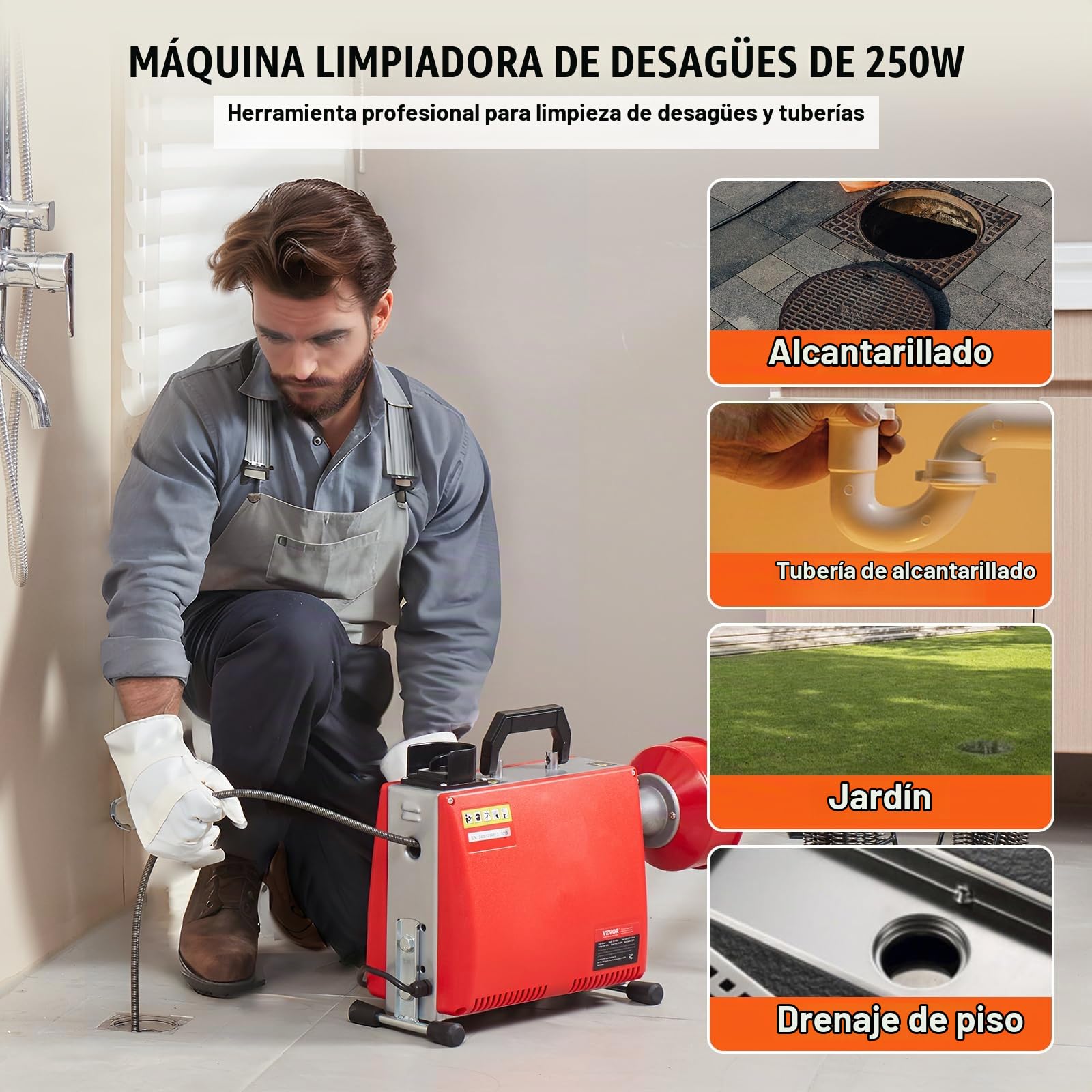 VEVOR XS250W 5/8IN 66FT Desbloqueador de Tuberías
