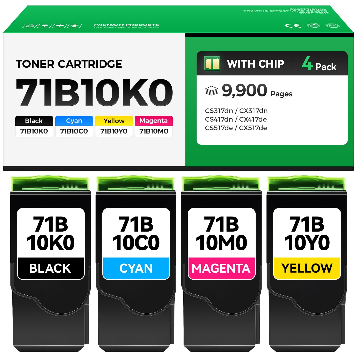 71B10K0 71B10C0 71B10M0 71B10Y0 Toner Cartridge Set 4-Pack Replacement Compatible with Lexmark CS317dn CX317dn CS417dn CX417de CS517de CX517de Laser Printer Ink All-in-One Black Cyan Magenta Yellow