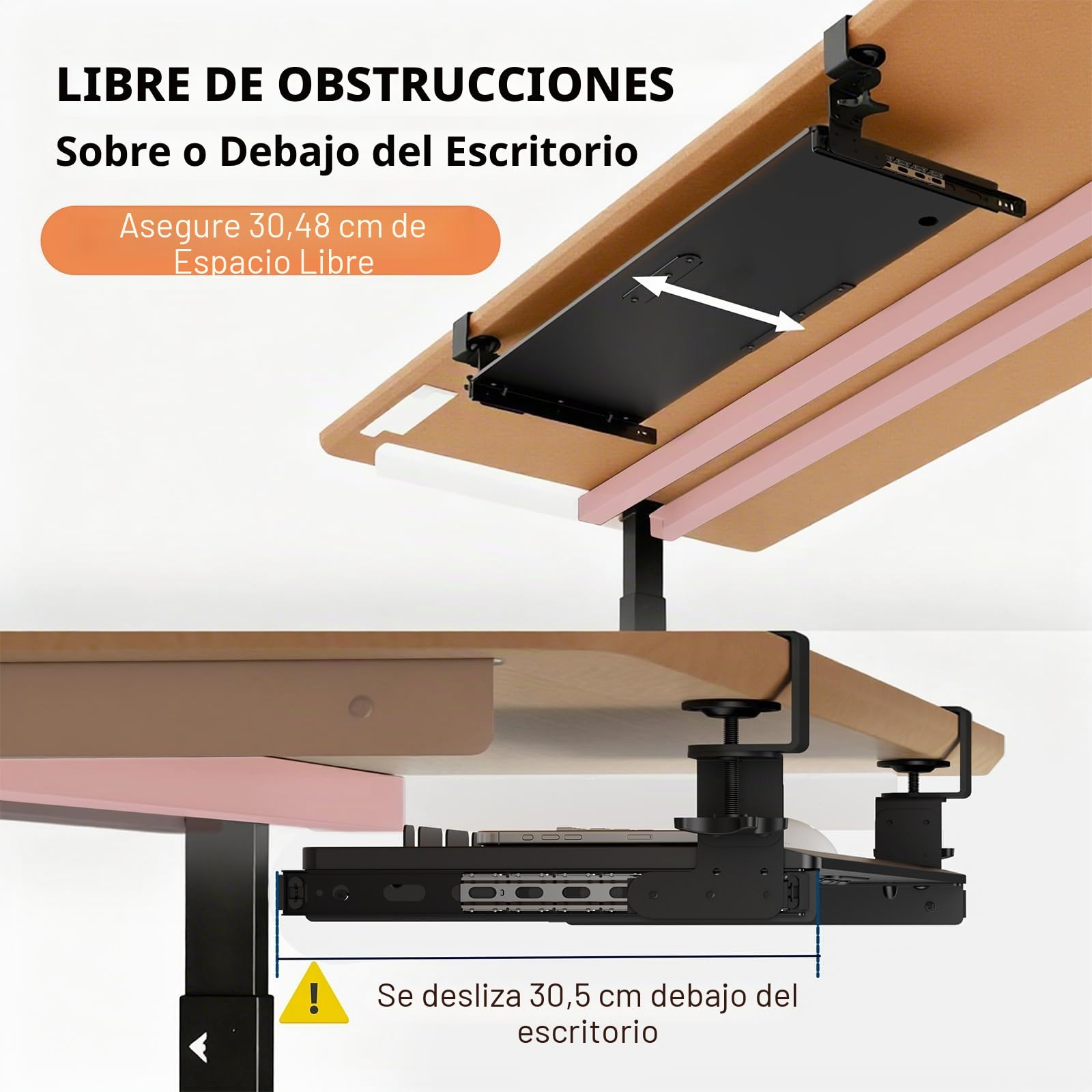 Bandeja extraíble para teclado debajo del escritorio con sistema de montaje de abrazadera C extrarresistente, 27.3 (82.5 cm incluyendo abrazaderas) x cajón de computadora de plataforma deslizante