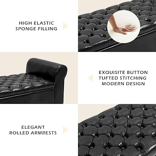 Miniatura 5 de ECOTOUGE Banco de almacenamiento para dormitorio, otomana con brazo enrollado, reposapiés tapizado de cuero rectangular para sala de estar, color