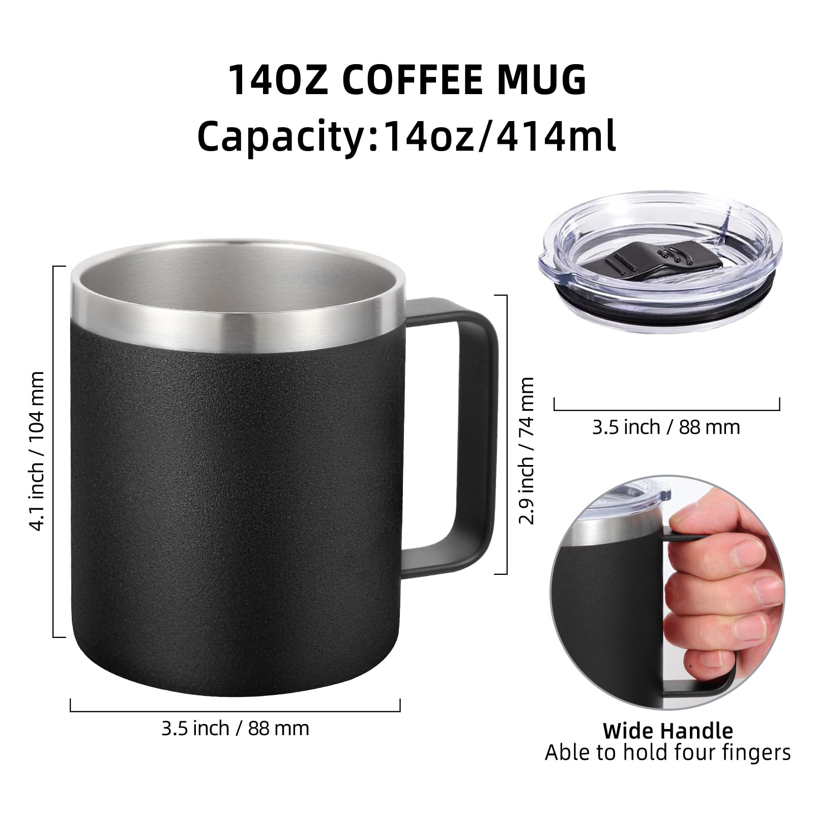 Volhoply 14oz Insulated Stainless Steel Coffee Mug with Leakproof Lid,Double Wall Vacuum Travel Coffee Cup with Handle,Reusable Metal Tumbler,Camping Mugs Keep Hot/Cold,Christmas Gifts(Black,1 - Image 2