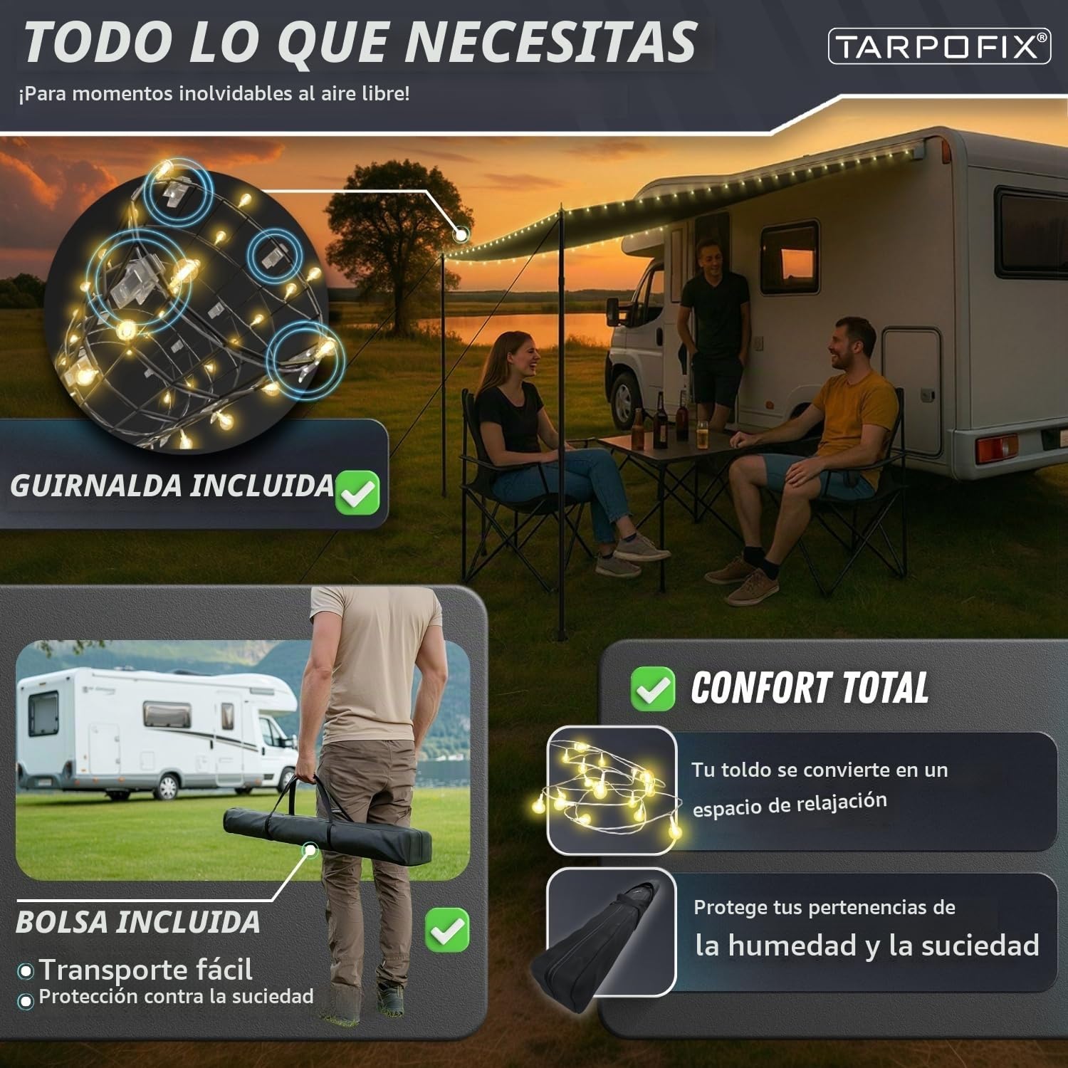 Tarpofix® Toldo para Caravana 3 x 2,4 m | Impermeable PU6000mm con Multi Keder | Protección Solar UV 60+ | Aluminio Resistente | Montaje sin Herramientas | Toldo Camper Avancé Autocaravana