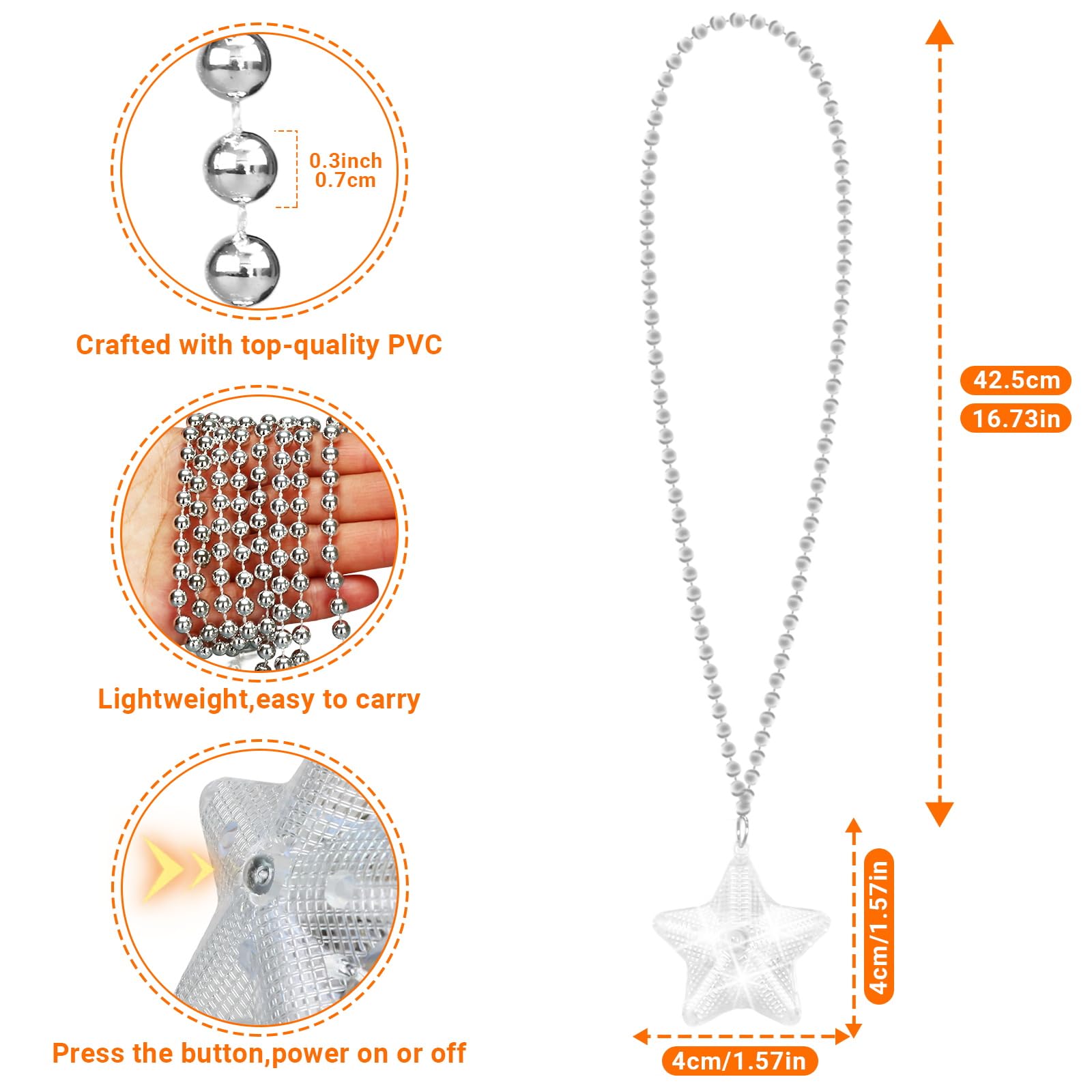 NUDALA 12 Pack Clear Glow Star Necklace Bulk Beaded Necklaces for Halloween Christmas Decorations Mardi Gras Party Favors