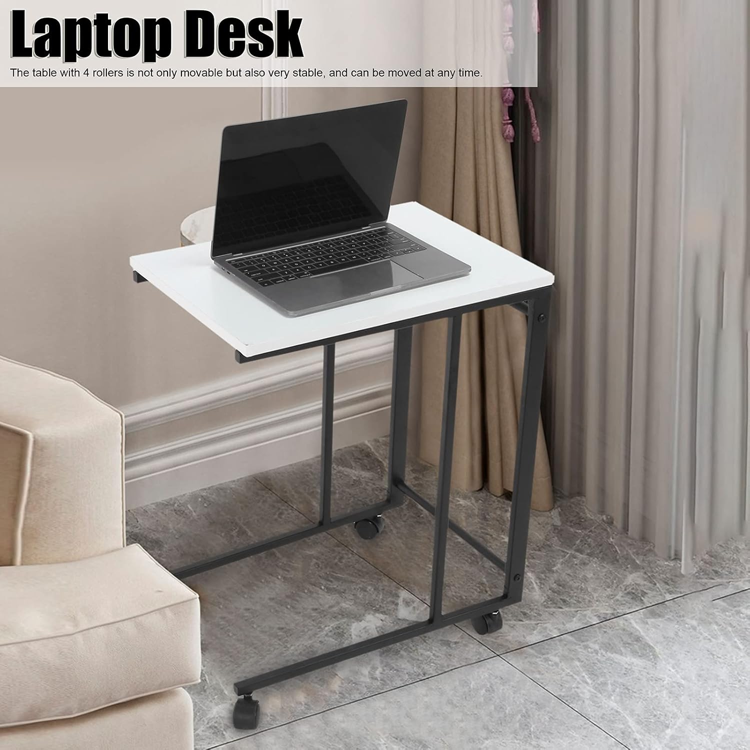 GOTOTOP Side Table with Rolling Wheels Sofa Side Table Slide Under Bedside End Table Laptop Desk Computer Stand Workstation for Home Office Bedroom Hospital (C Shape-White and Black)