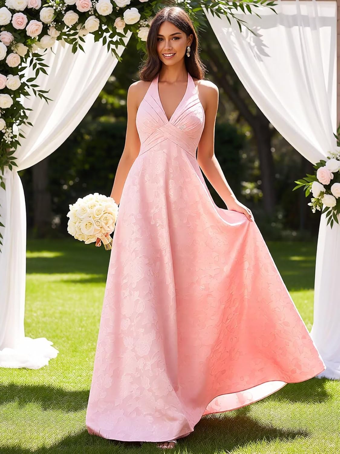 Jacquard Floral Bridesmaid Dresses for Women Halter V Neck A Line Sleeveless Long Formal Party Evening Gowns - Image 4