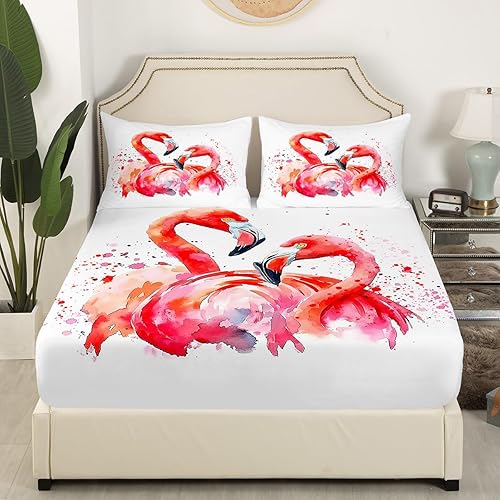 Miniatura 2 de Erosebridal Sábana bajera ajustable de 2 piezas para niños, diseño de flamencos rosados, decoración de animales tropicales, funda de cama tamaño