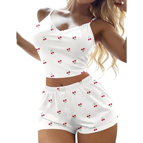 Ekouaer Cami Pajama Sets Y2K 2 Piece Lace Crop Top and Shorts Sexy Pjs Summer Lingerie Sleepwear Nightwear for Women