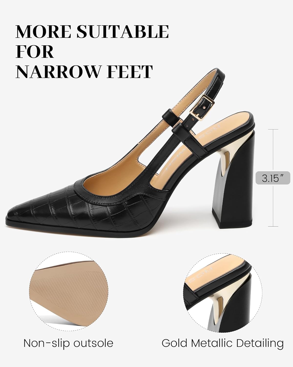 ROSERWISH Women's Slingback Pumps 3.5 Inch Block Heel - Gold Pointed Toe Party Wedding Shoes | Slip-On Comfortable Dress Heels for Prom, Classic Sexy High Heels for Women - Image 5