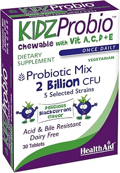 HealthAid KidzProbio Chewable Probiotic for Kids 2 Billion CFU, 5 Strains + Prebiotic & Vitamins A, C, D & E Supports Digestive & Immune Health Blackcurrant Flavor, 30 Daily Tablets*