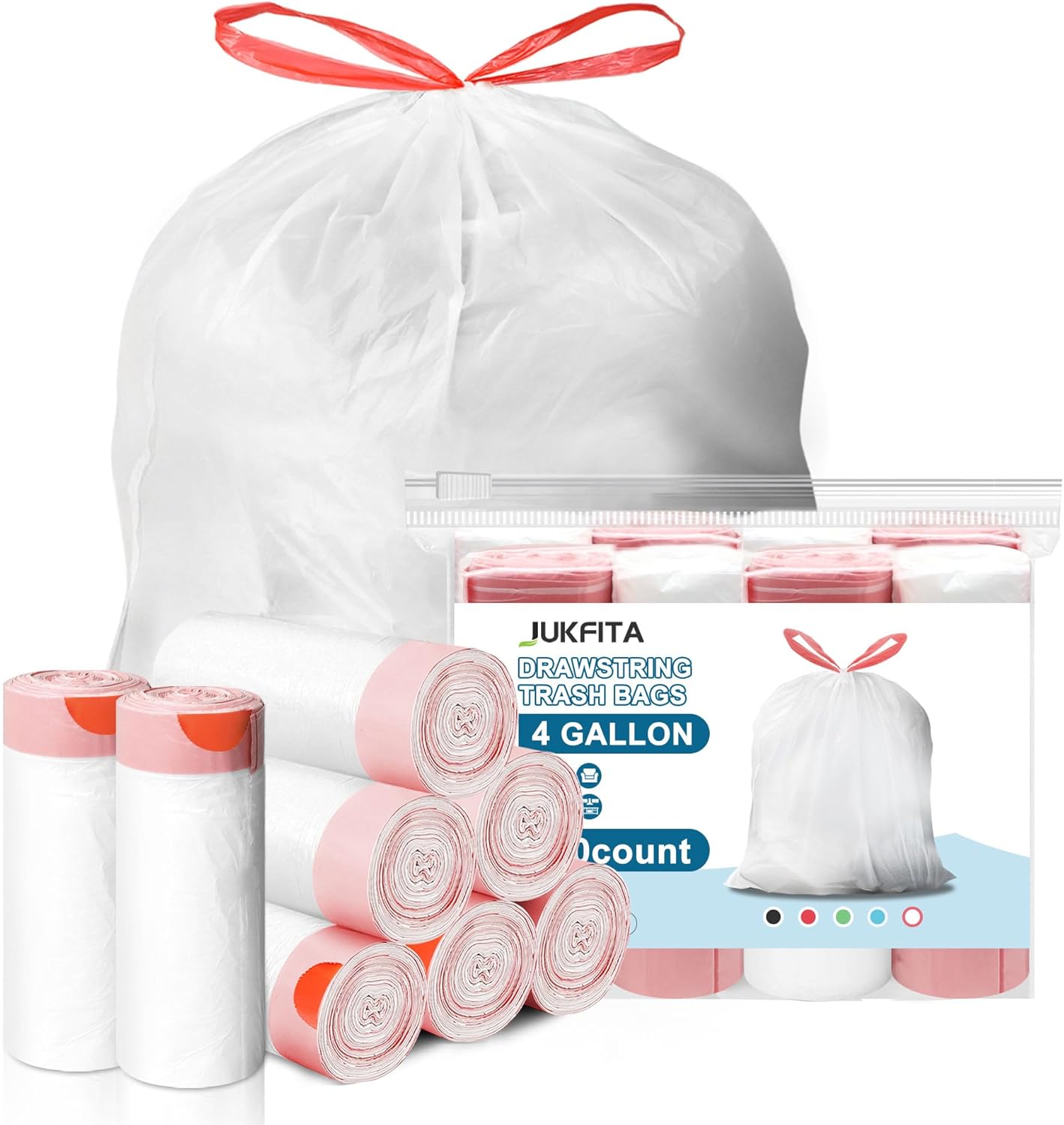 240 Count 4 Gallon Trash Bags Drawstring, JUKFITA Tear-Free Small Garbage Bags, White Trash Bags Unscented for Bathroom Bedroom Office Kitchen