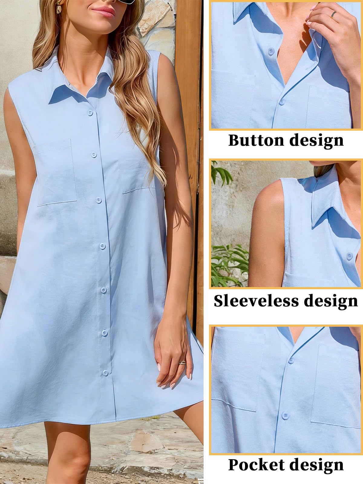 Rayson Vestito Donna Estivo Casual Senza Maniche con Scollo a V Vestito Mare Elegante con Botton Abiti da Spiaggia Abiti Estivi da Donna Midi Dress