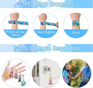 Super Party Bag Fillers Bros, Kids Party Bags Favours, Birthday Gift Party Bags, Mari Theme Birthday Party Supplies, Party Goodie Bags Slap Bands Stickers Keyrings Pen for Boys Girls Birthday Supplies