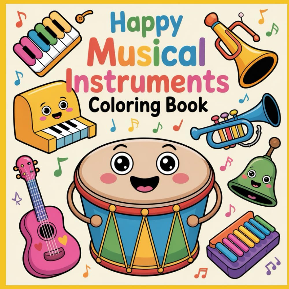 Happy Musical Instruments Coloring Book: Cute and Easy Musical Instruments Coloring Pages for Kids Ages 5–10