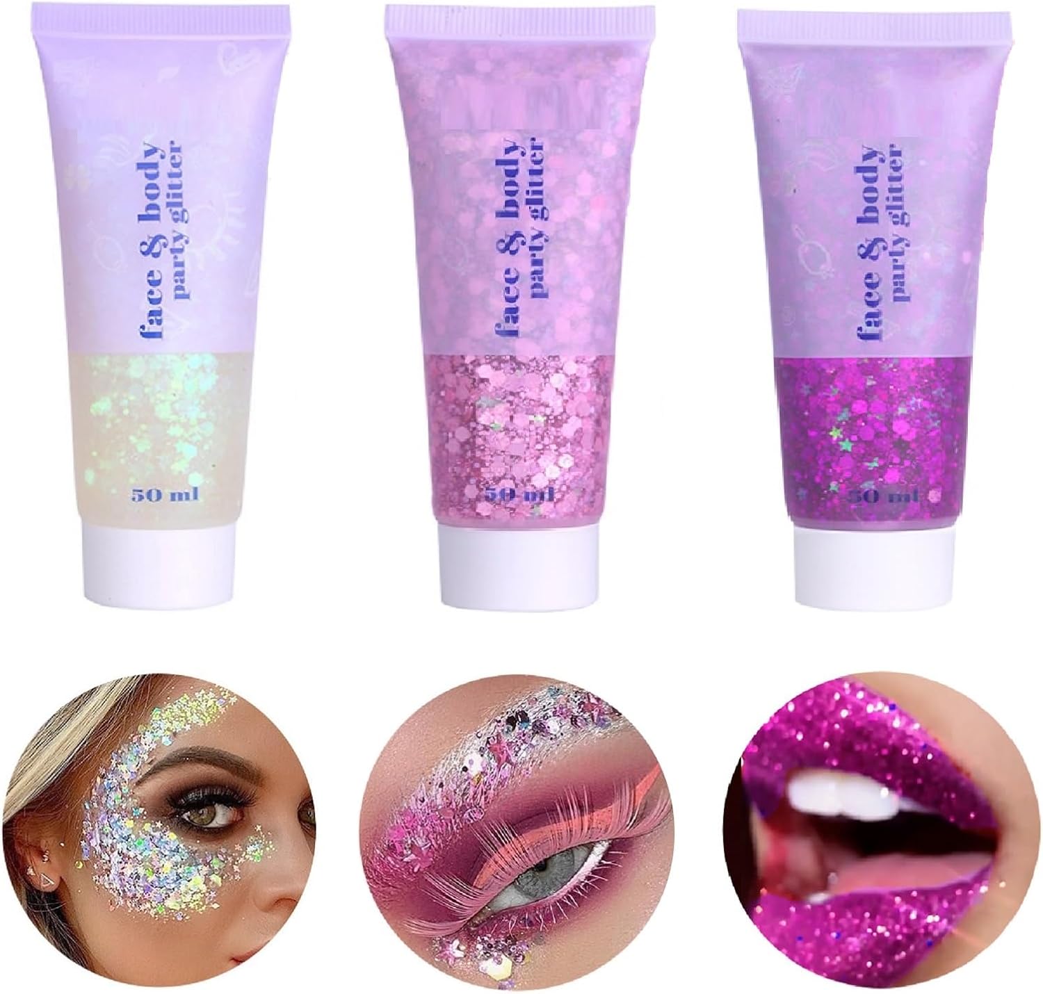 3 Colors Face and Body Glitter Gel,Holographic Cosmetic