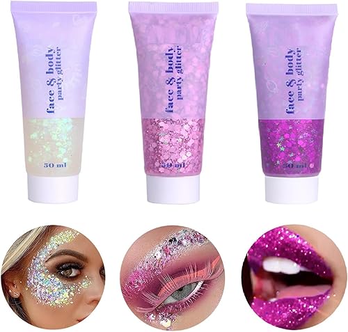 Gel de purpurina de 3 colores para rostro y cuerpo, polvo láser holográfico cosmético para festivales, sombra de ojos líquida, lentejuelas