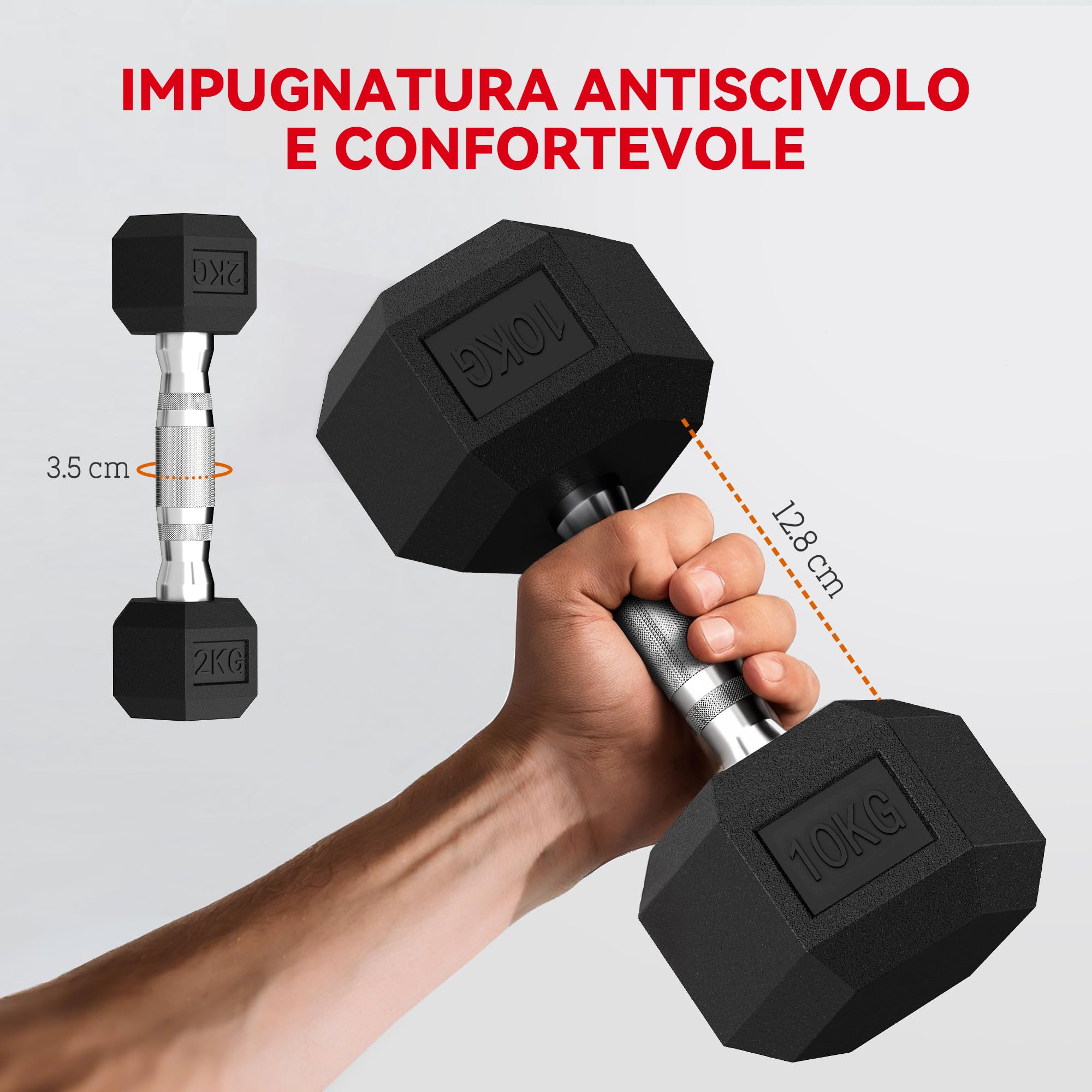 SPORTNOW Set di Manubri da Palestra con Supporto 2x2kg Esagonali Nero | 2x5kg, 2x8kg, 2x10kg, Manubri per Palestra, Ghisa e Gomma, Impugnatura Antiscivolo, Allenamento Fitness Casa