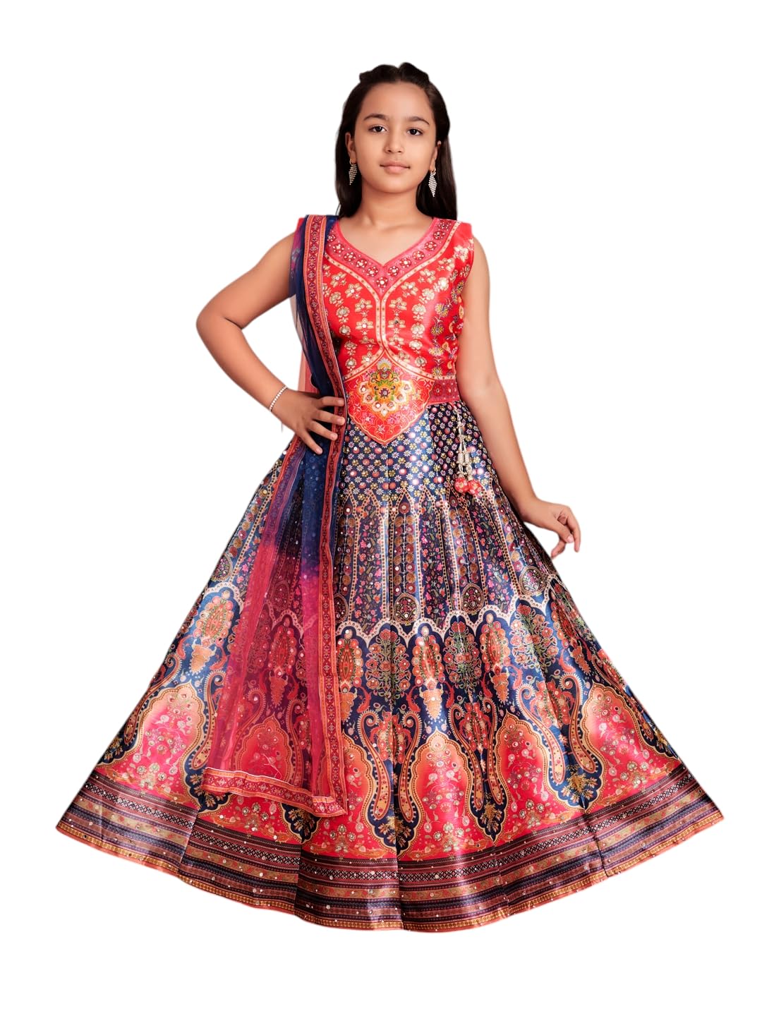 Aarika Girls Ethnic Wear Gajri Colour Floral Print/Embellished Lehenga Choli Set With Dupatta