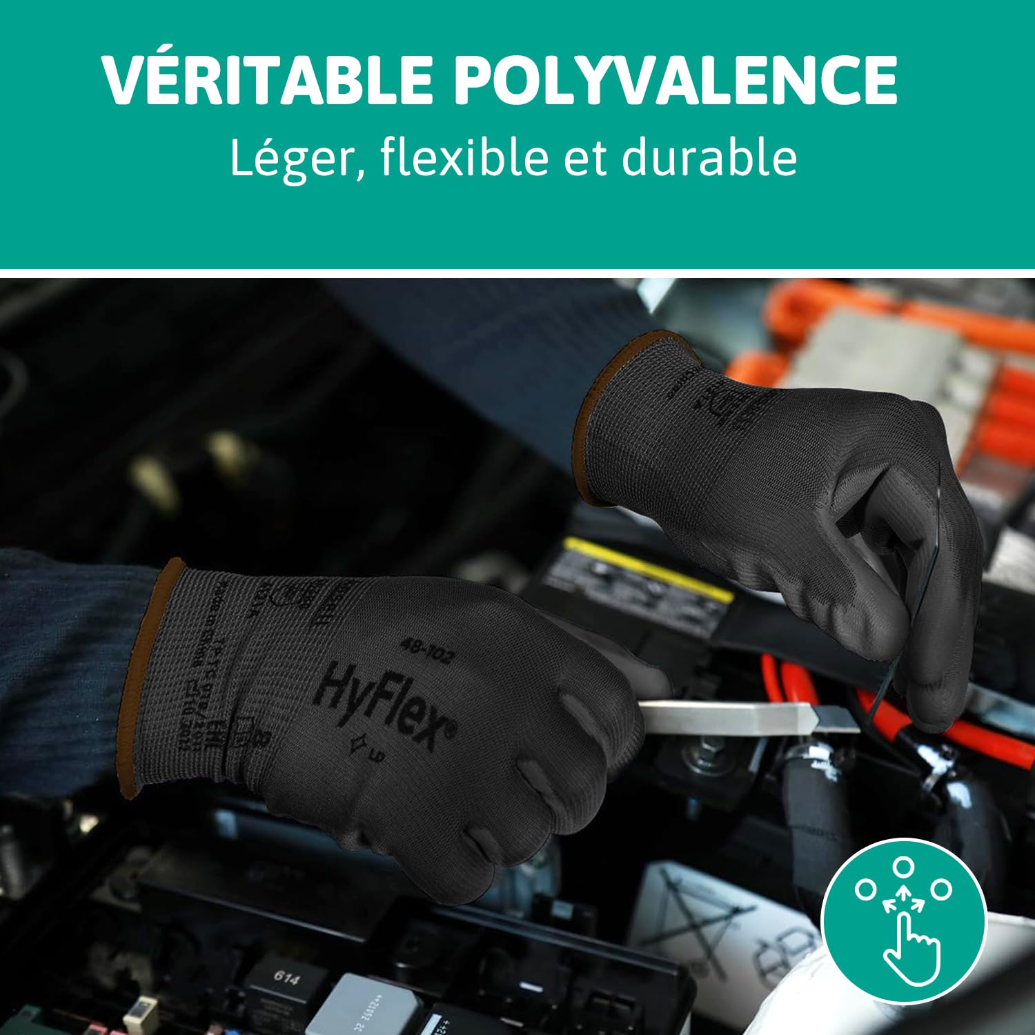 Ansell HyFlex 48-101 Gants de Travail Ultrafins, Nylon Extensible avec Enduction Polyuréthane, Protection Multiusage Haute Précision, Bricolage et Mécanique, Noir, Taille L (12 Paires)