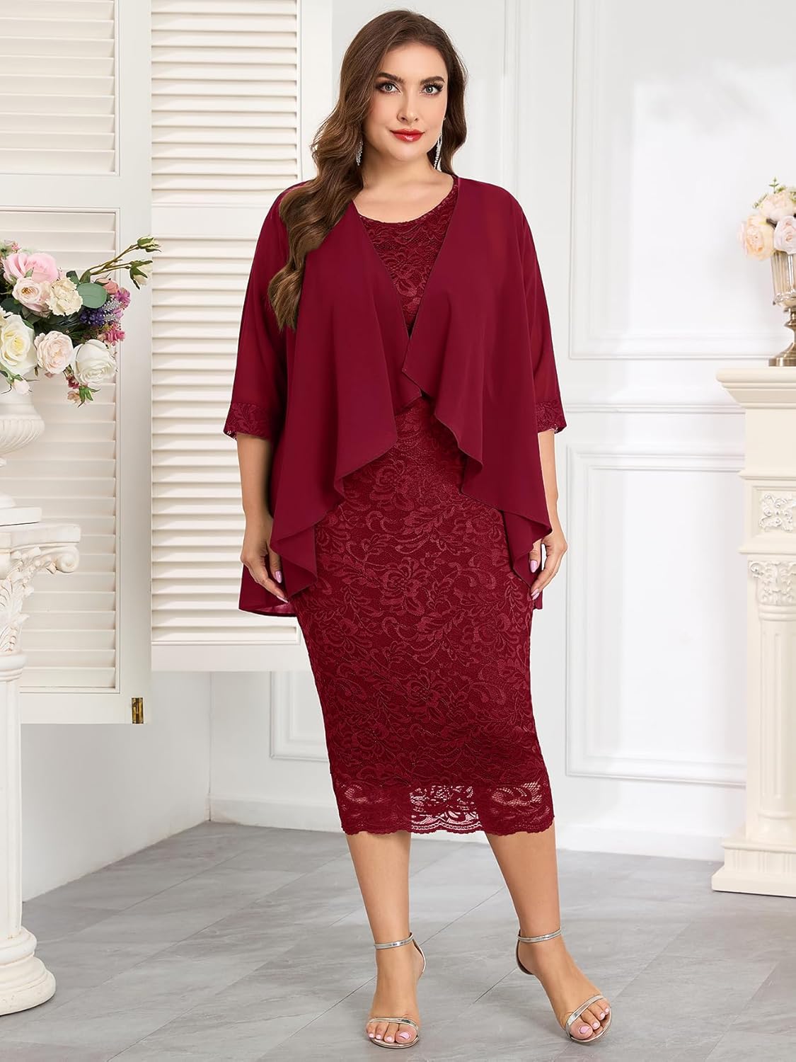 Plus Size Mother of The Bride Groom 2 Piece Suit Lace Dress with Chiffon Jacket Elegant Set Formal Wedding Guest - Image 6