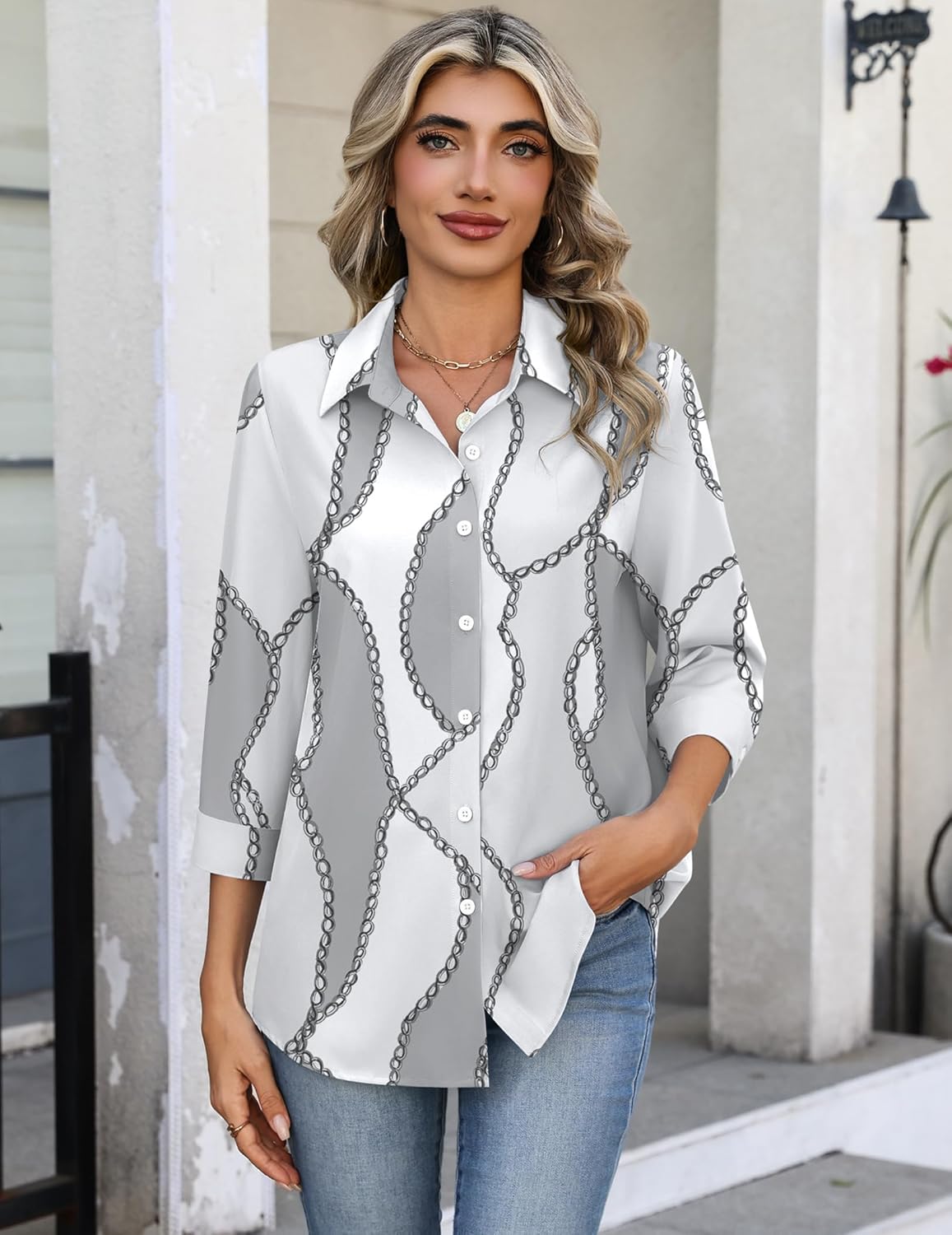 Zeagoo Button Down Shirts for Women 3/4 Sleeve Tops V Neck Collared Blouses Business Casual Outfits S-2XL - Image 2