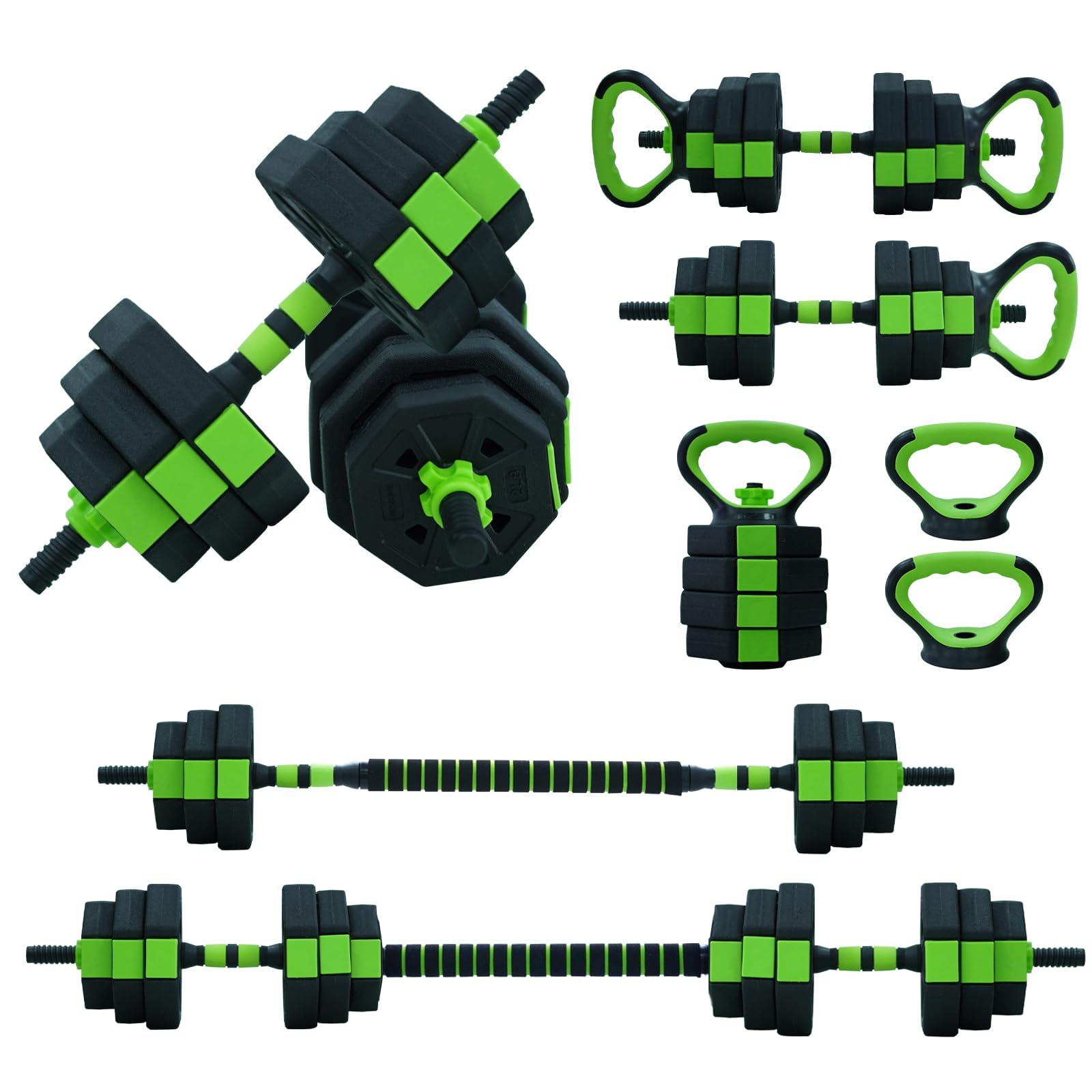 Adjustable Dumbbell Set, 4 in 1 Adjustable Kettlebell Set,44lbs/66lbs/88lbs Weight Set Used as Kettlebells, Barbell, Push up Stand for Home Gym,Green and Black,Octagon Head