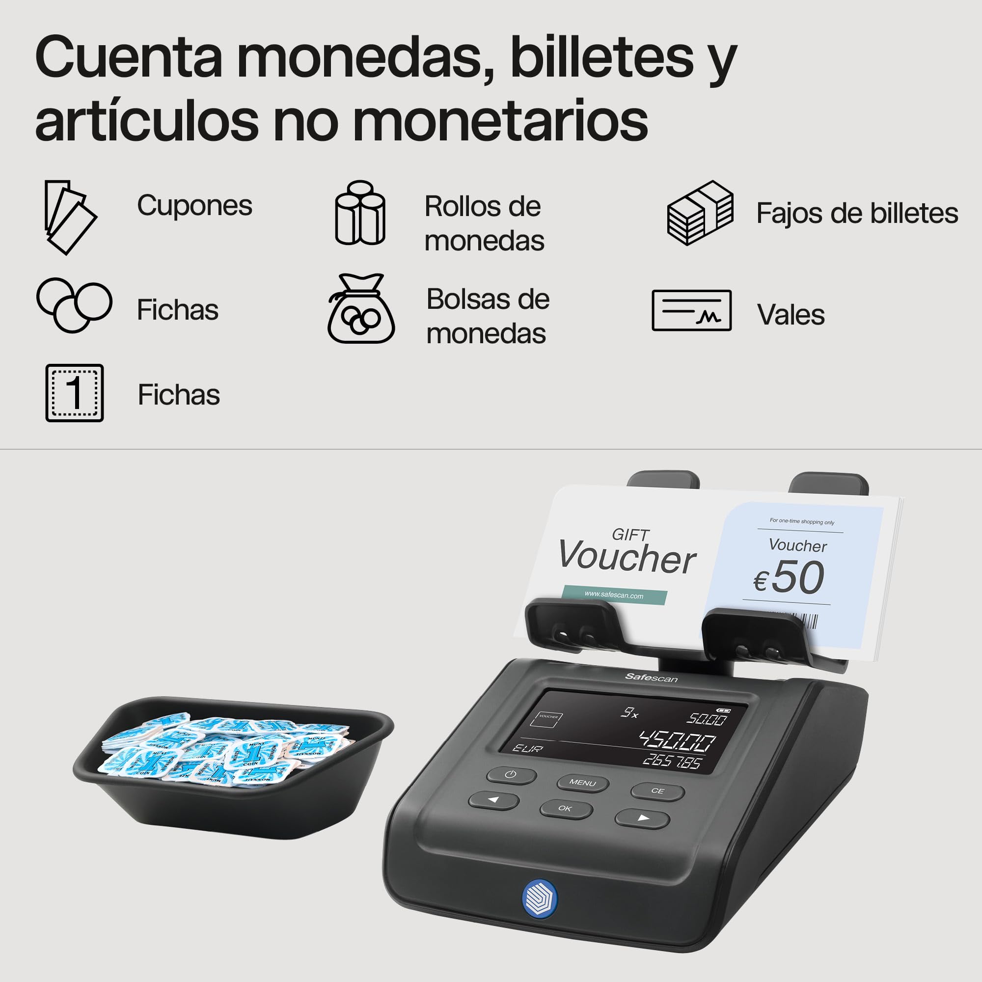 Safescan 6175 Máquina para contar dinero cuenta valor de monedas, billetes, vales y fichas -Cuenta monedas con reconocimiento automático de rollos -Balanza de dinero que guarda resultados del conteo