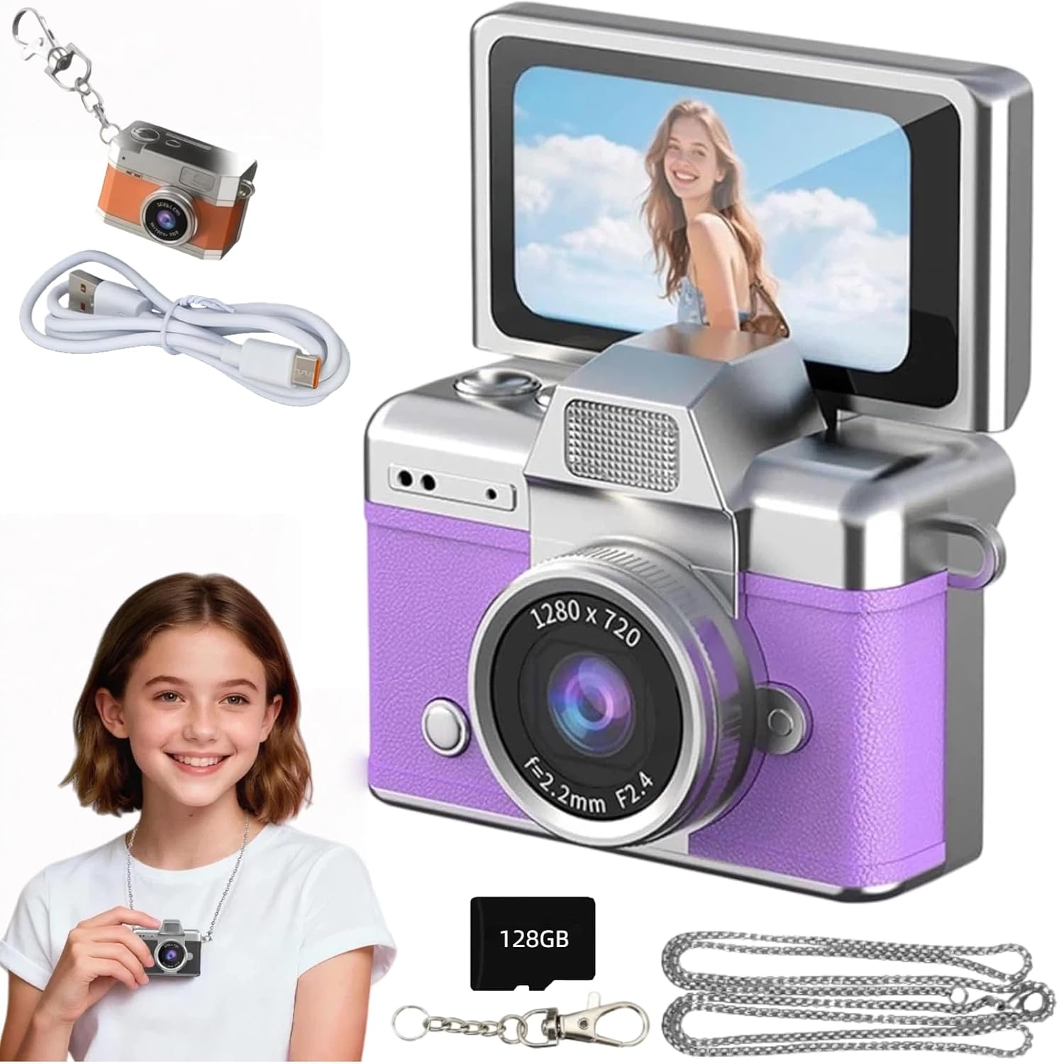 Mini Digital Camera Keychain Retro Mini Digital Video Camera Small 1080P FHD Recording with 0.96" IPS Screen with 6 Retro Filters AVI Format-Ideal for Phone Transfer (128GB, Purple)