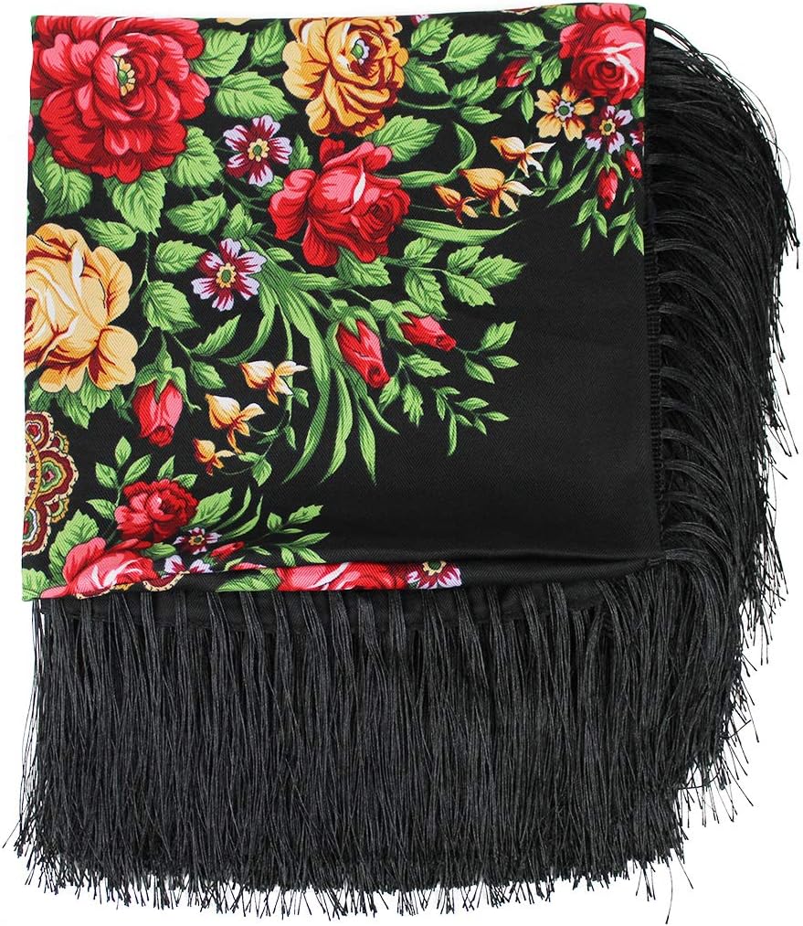 Gudessly 62"*62"Oversized Women's Traditional Retro Scarf Wrap Tassel Fringes Floral Poncho Shawl Printing Shawl - Image 4