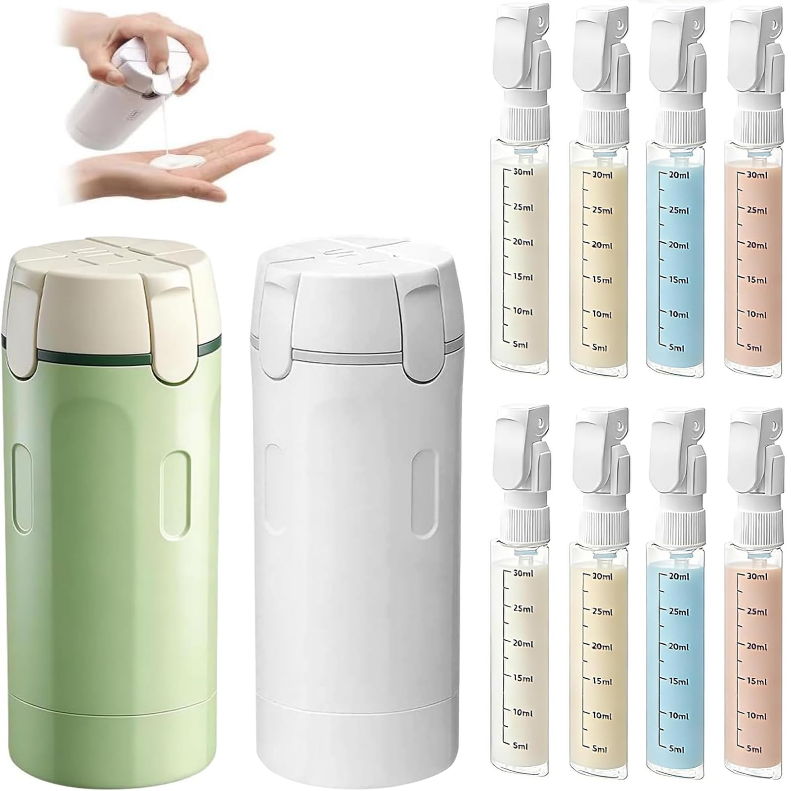 4-in-1-Reiseflaschenspender, 4 Stück, 30 ml, Reiseflaschen für Toilettenartikel, auslaufsichere Behälter in Reisegröße, tragbare Behälter für Shampoo, Lotion, Conditioner, Creme (2 x Weiß)
