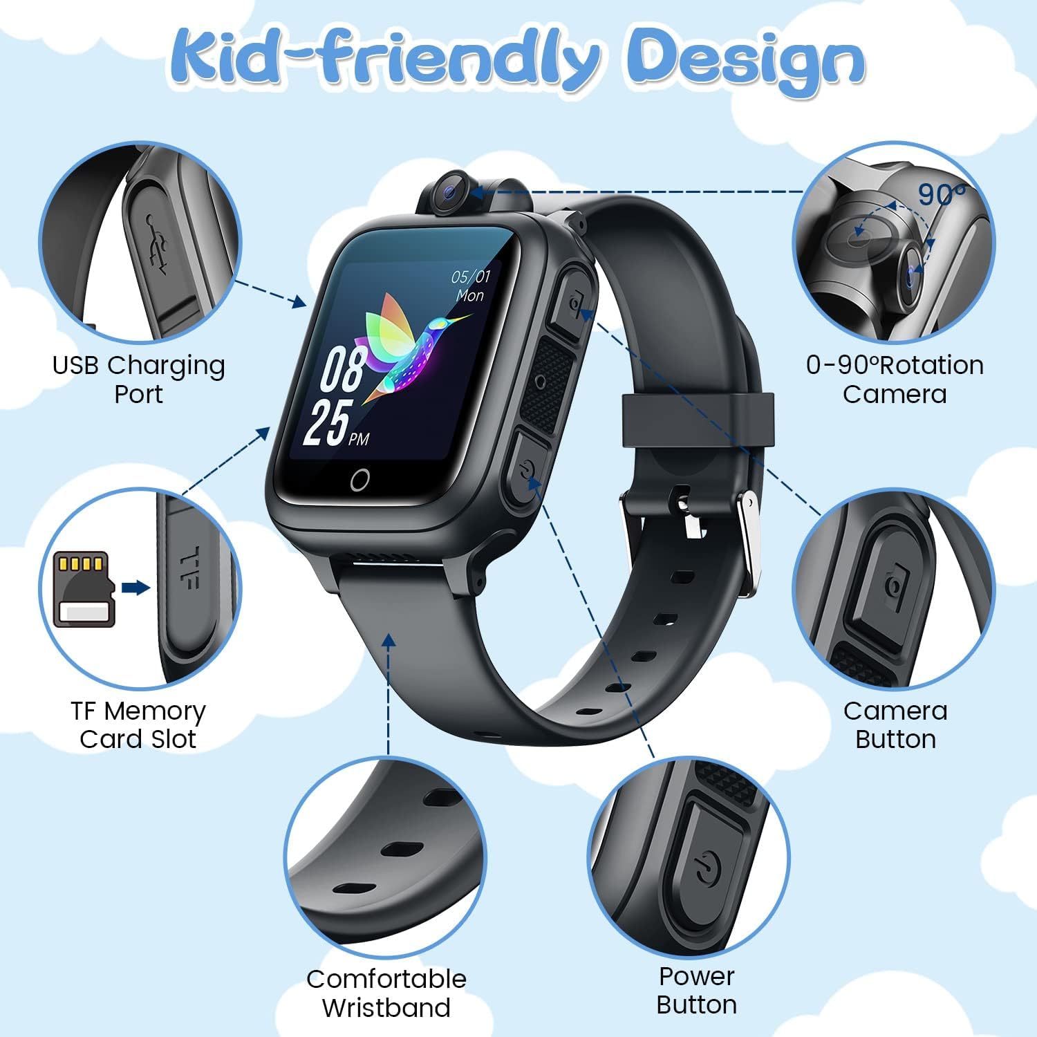 Awatty Smartwatch Kinder, Kinderuhr Jungen Mädchen, Kinderspielzeug 3 4 5 6 7 8 9 10 11 12 Jahre, Geburtstagsgeschenke, mit 90° drehbare Kamera, 14 Spiele, Musik, Wecker, Stoppuhr, Datum - Schwarz