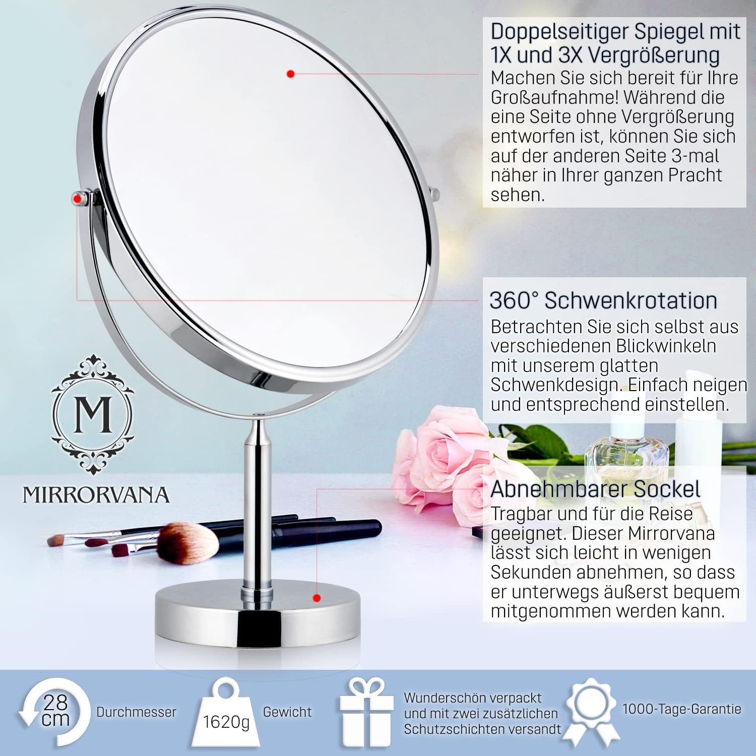 MIRRORVANA XXL Schminkspiegel rund, doppelseitig 3x/1x Vergrößerung, 28 cm | Doppelseitiger Kosmetikspiegel mit 3X & 1X Vergrößerung für präzises Make-up und klare Details im Bad und am Schminktisch