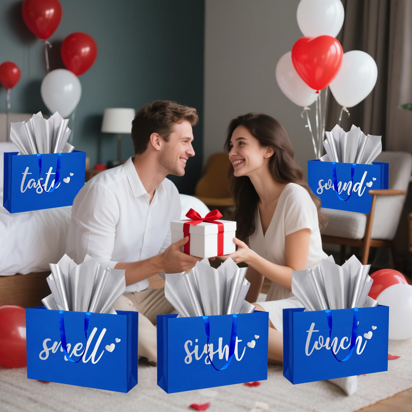 YIXAXKAO 5 Senses Gift Bags Five Senses Gift Bags with Tissue Paper Kraft Paper Bag with Ribbon Handles for Anniversary, Valentine's Day, Birthday for Him Husband Boyfriend (Blue Silver)