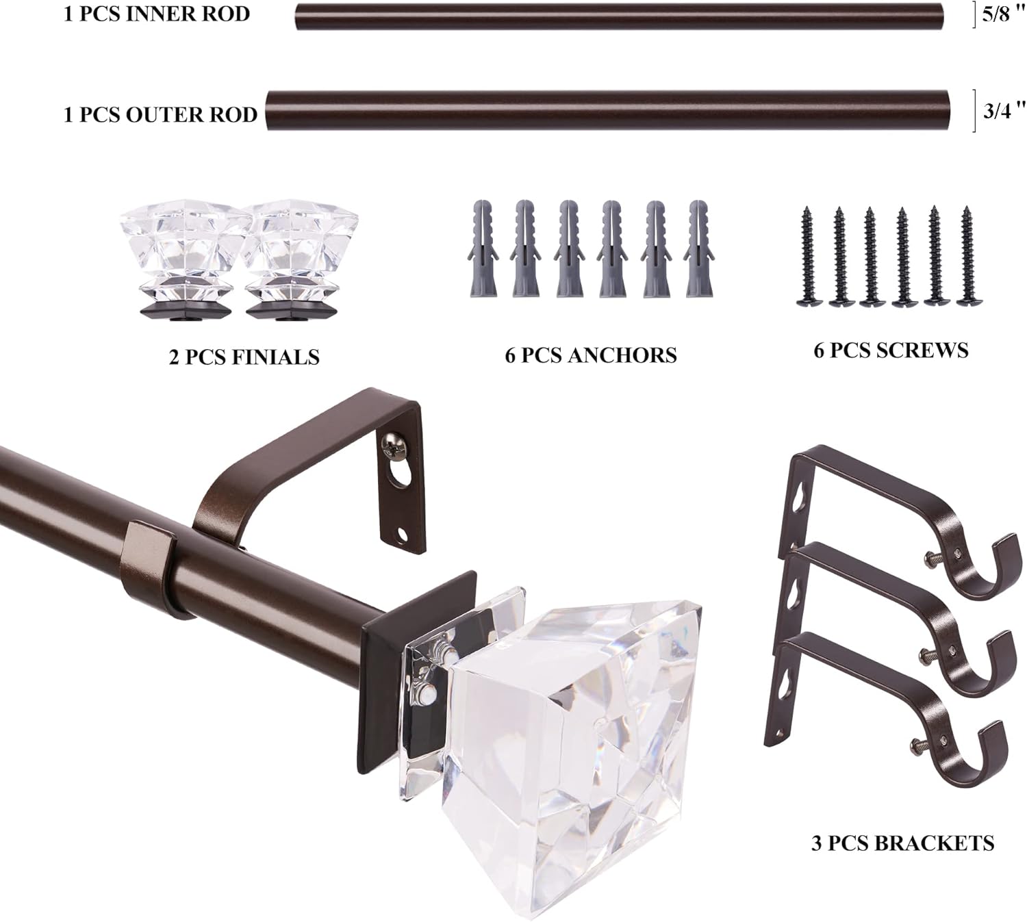 Window Curtain Rod, Window Treatment Rod Set, 48 to 84 Inch Acrylic Curtain Rod With Crystal Diamond Finials, Apply to Bathroom Kitchen Bedroom Window, Oil Rubber Bronze