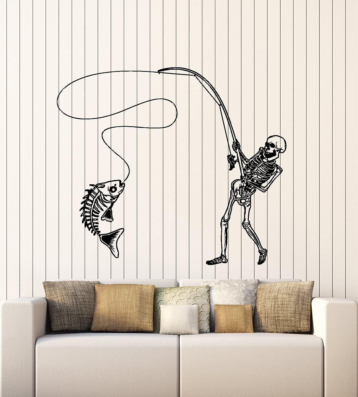 WallStickers4ever Large Vinyl Wall Decal Fish Catch Fisher Skeleton Skull Bones Decor Stickers Mural (g6055) Black