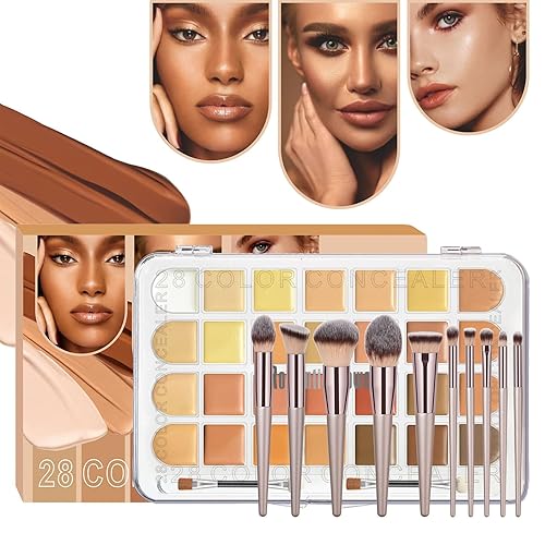 28 Colors Correcting Concealer Palette, Full Coverage Cream Contour Palette with Brush, Long Lasting Waterproof Foundation Highlighting Concealer Cream Makeup Palette(T165)