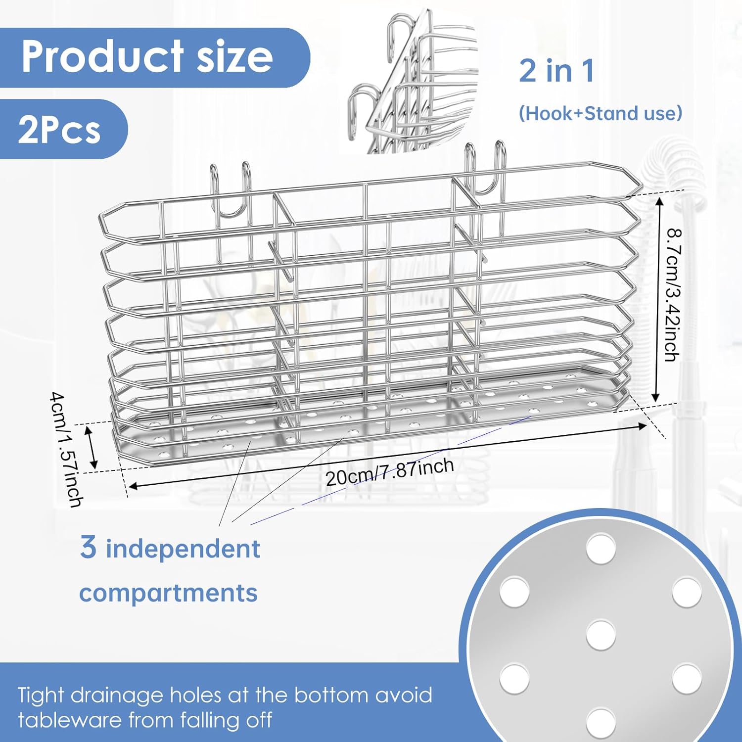 2pc 304 Stainless Steel Utensil Holder,Silverware Drying Rack with Hooks for Dish Drainer,Dish Drying Rack with 3 Divided Compartments,Knife and Fork Drainage Rack,With Hooks, Rust Proof, Color-Silver