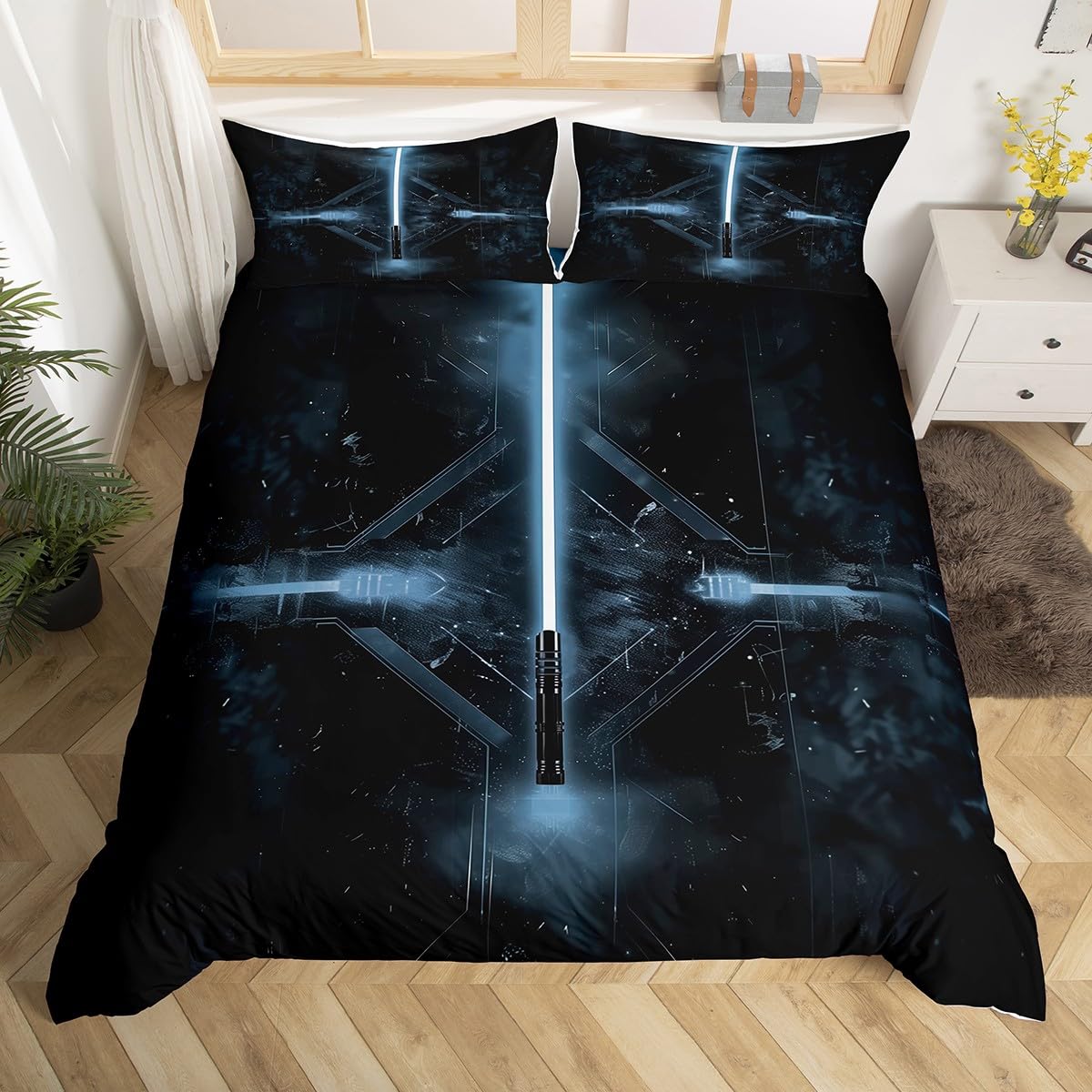 Parure de lit sabre laser enfants avec housse de couette et taies d'oreiller galaxie