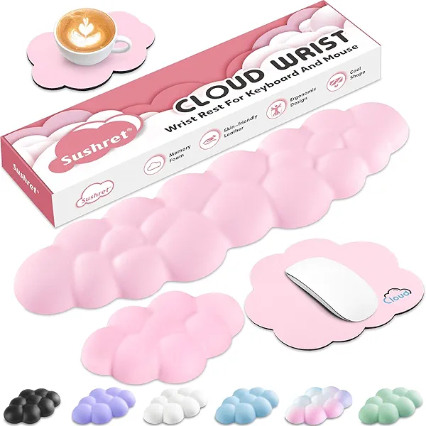 Sushret Cloud Wrist Rest for Computer Keyboard, 4-in-1 Memory Foam Leather Cloud Keyboard Wrist Rest and Mouse Pad Set with Ergonomic Support for Arm and Palm Cushion, Gaming/Work Setup, Pink