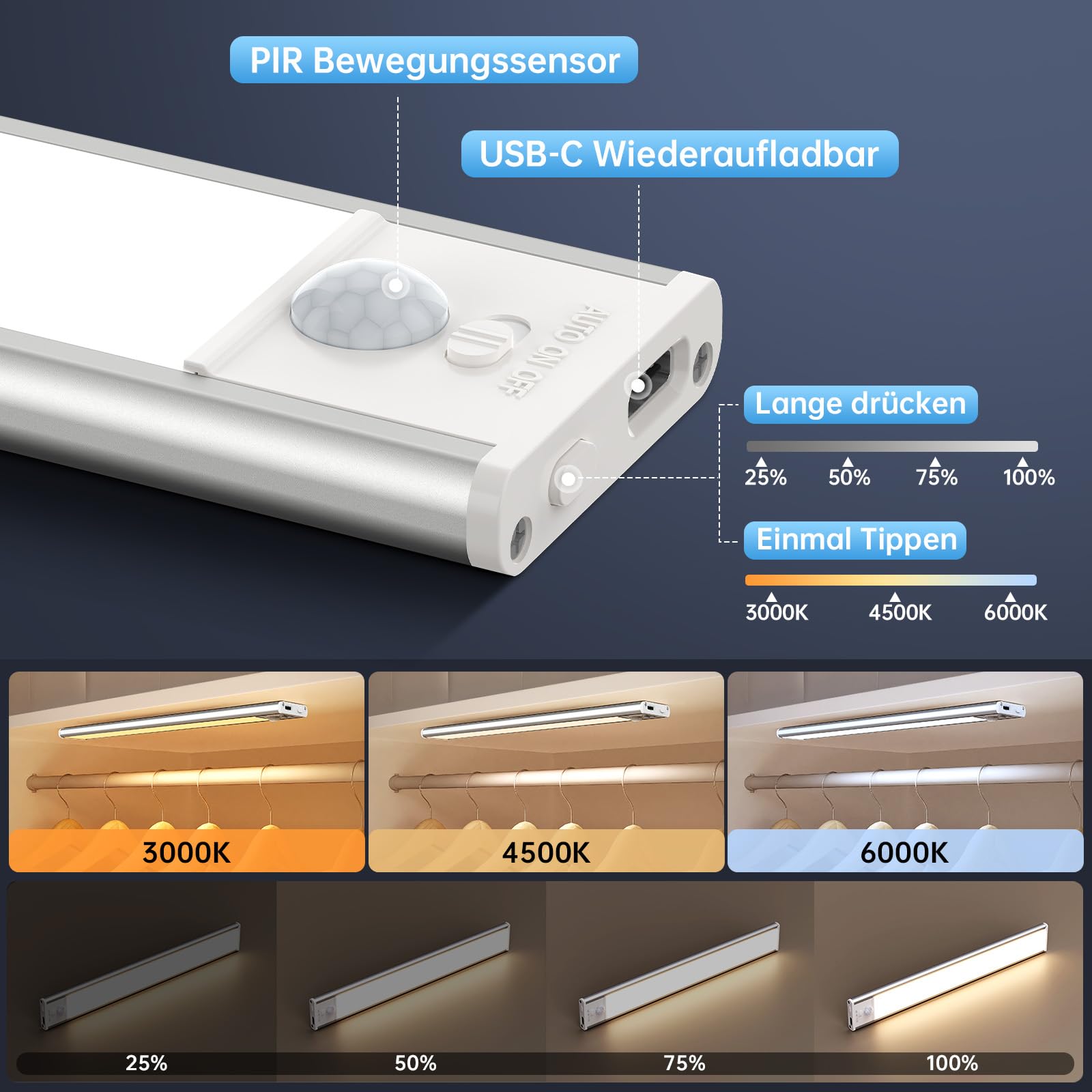 Unterbauleuchte Küche LED, 40 cm Bewegungsmelder Licht, 5 Stück | 2200mAh, 74LEDs, USB-Ladung,3 Farbtemperaturen & 5 dimmbare Helligkeit,Magnetsaugeinstallation,für Kleiderschrank, Küche