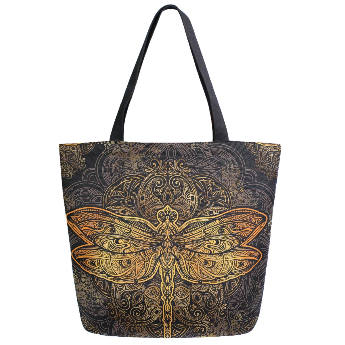 ZzWwR Chic Extra Large Shoulder Grocery Tote Bag, Boho Ethnic Mandala Dragonfly Canvas Reusable Handle Bags for Men Women Gym Weekender Picnic Beach