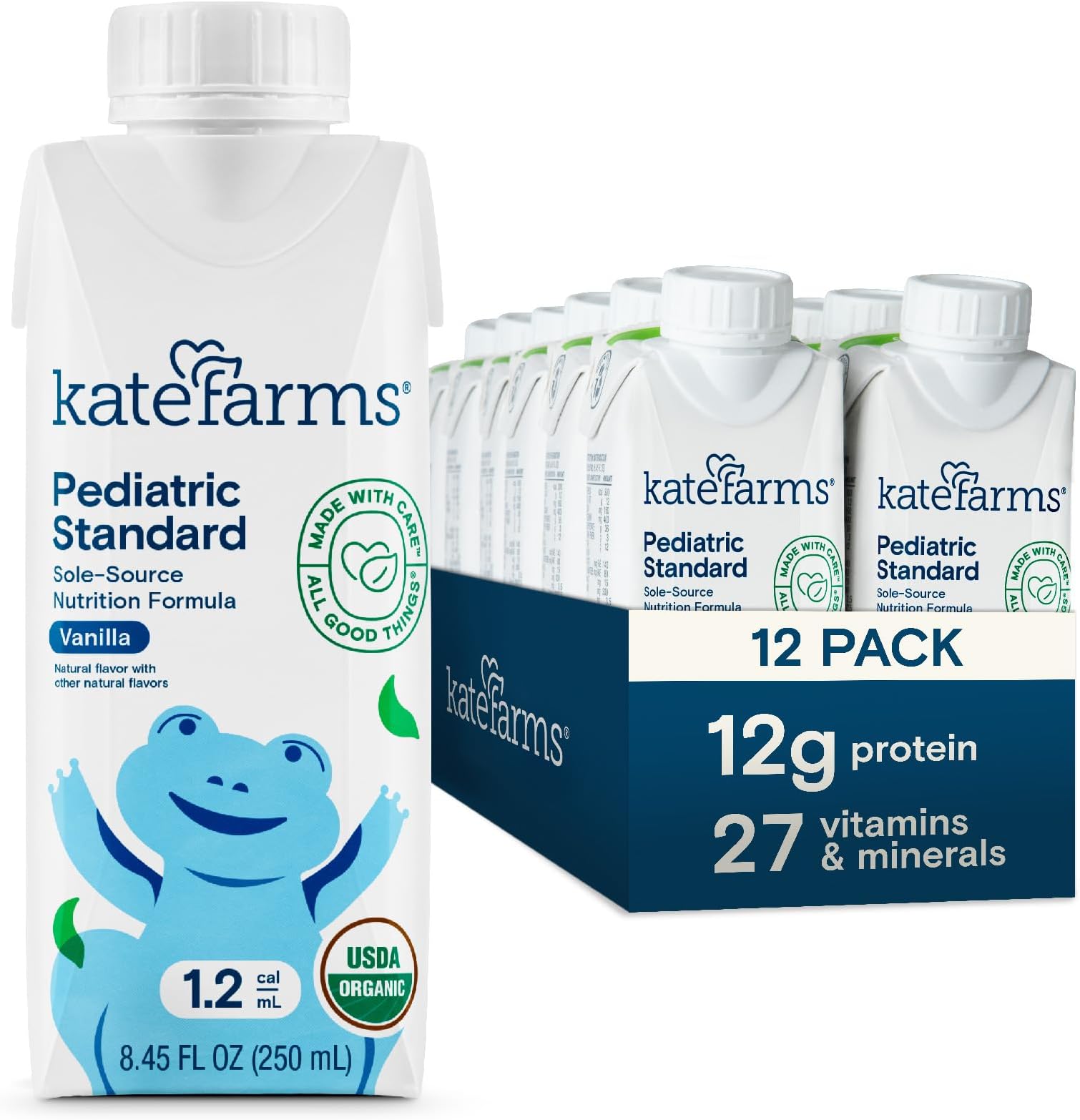 Organic Plant Based Pediatric 1.2 Sole Source Vanilla Nutrition Shake, 12g of protein, 27 Vitamins and Minerals, Meal Replacement Drink for Kids, Non-GMO, 8.45 Fl oz (Pack of 12)