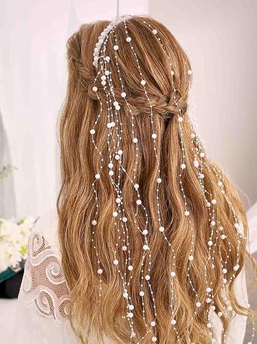 Miniatura 3 de CASDRE Diadema de boda con perlas de diamantes de imitación plateados, borla para el cabello, fiesta de noche, accesorios para el cabello para