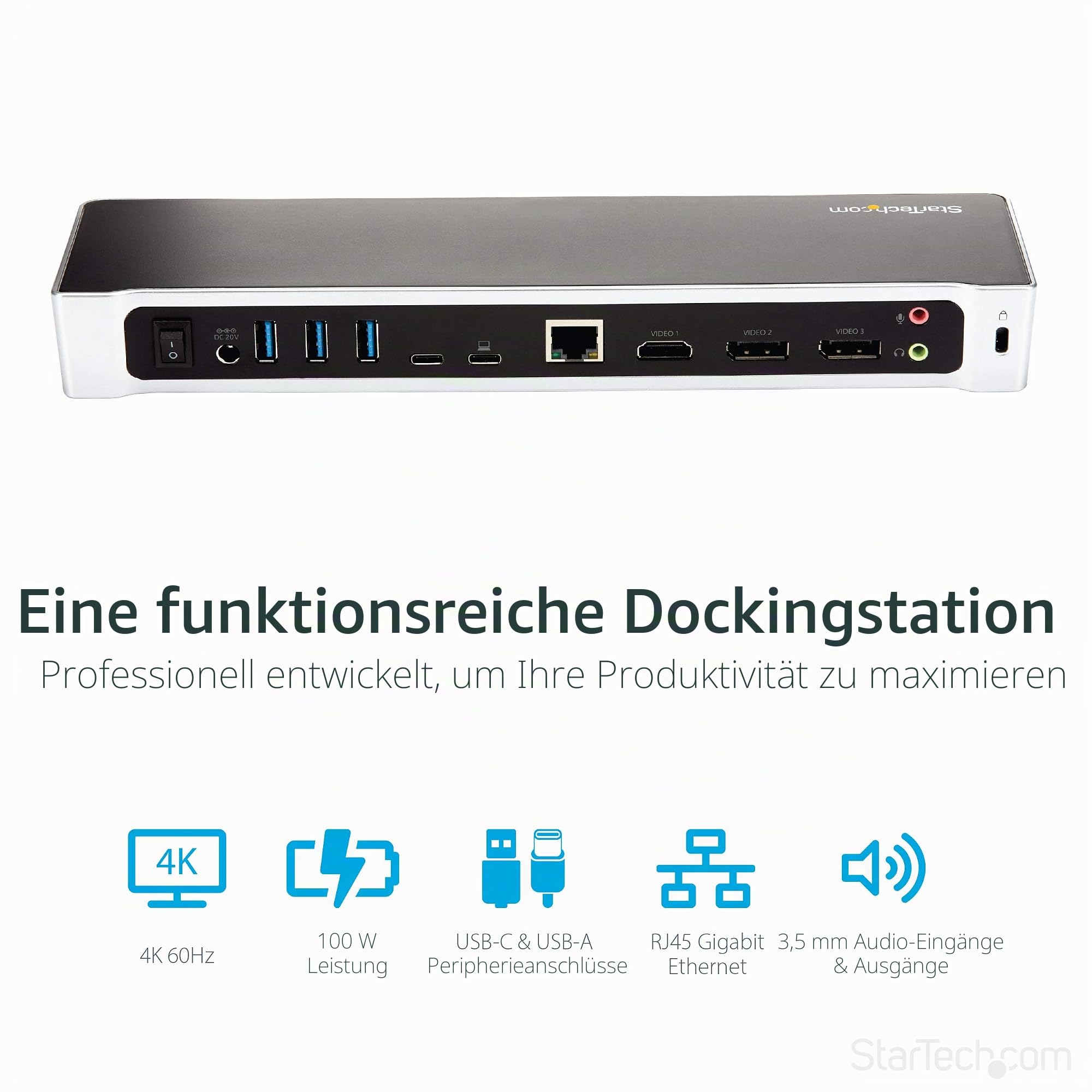 StarTech USB-C Triple 4K DisplayLink Dock, HDMI DP, MacBook & Win, 100W | Dreifach-Monitor Dockingstation, 5Gbps Hub, K-Slot, 1m USB-C-Kabel, für MacBook Air und Pro, USB-A-Adapter